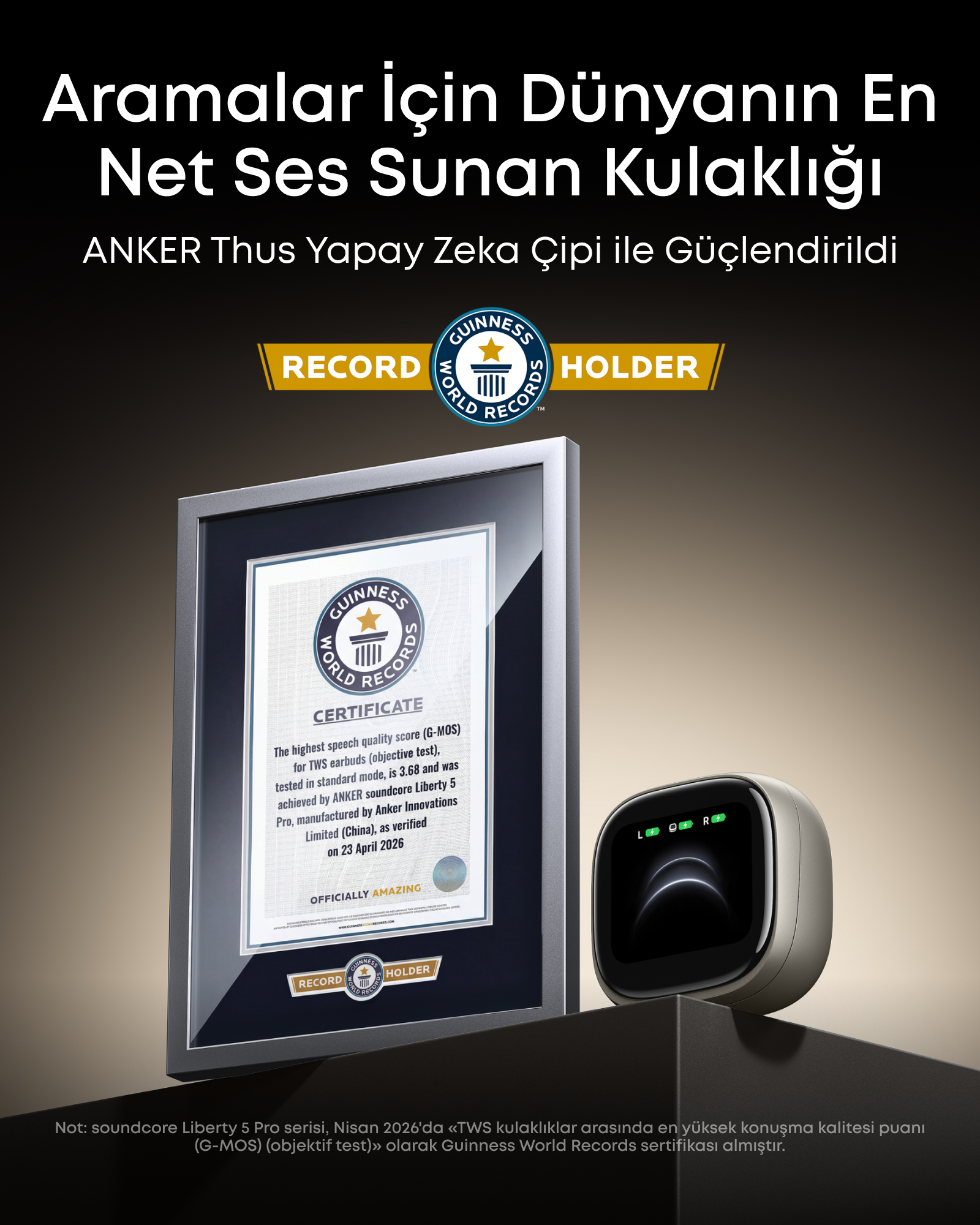Siyah kaide üzerinde Guinness Dünya Rekoru sertifikası ve Anker kulaklık.