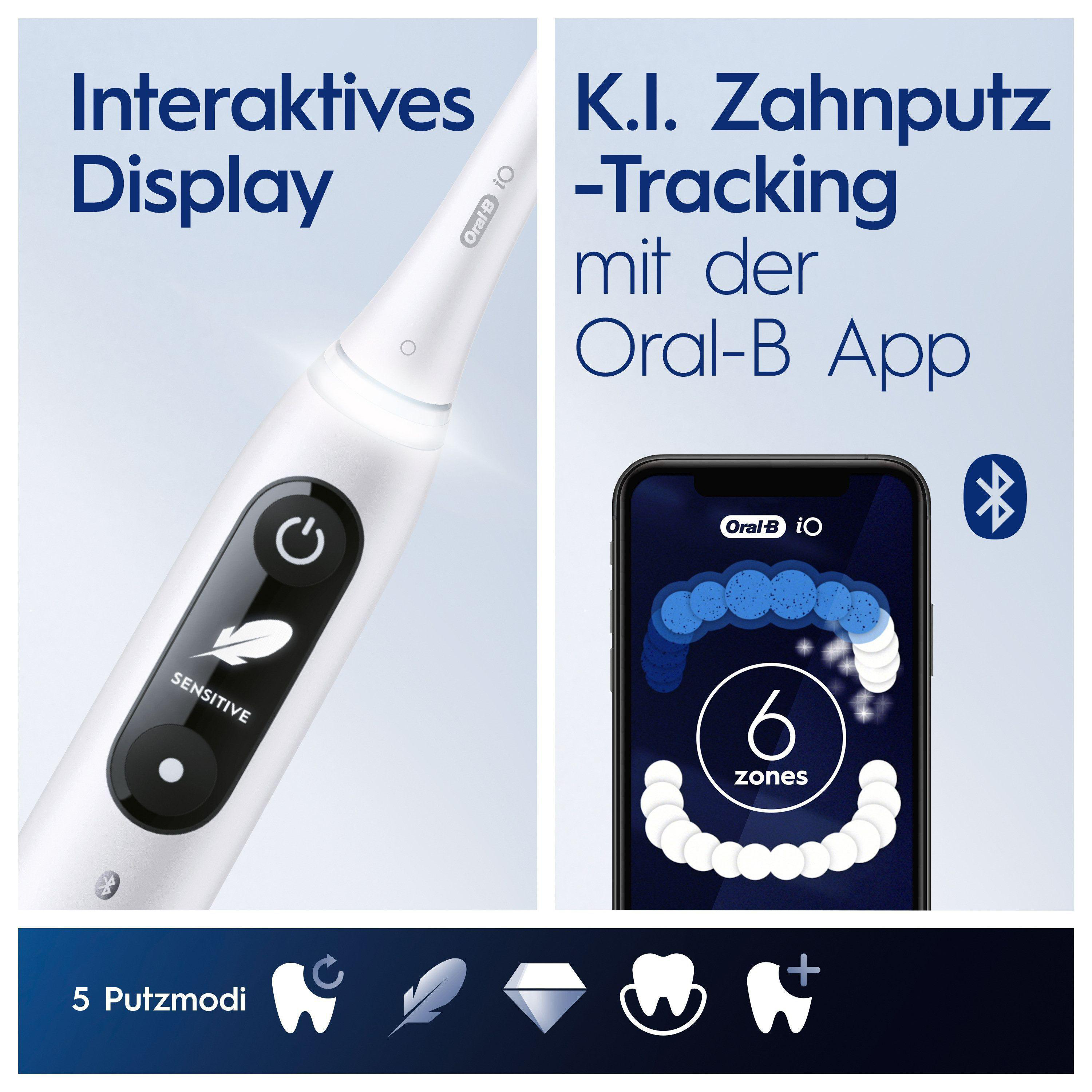 Oral-B iO Zahnbürste mit interaktivem Display und App-Tracking für 6 Putzzonen in einer blauen Grafik.