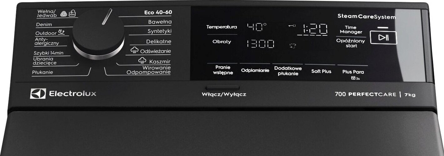 Panel sterowania czarnej pralki Electrolux PerfectCare 700 z programami i wyświetlaczem.