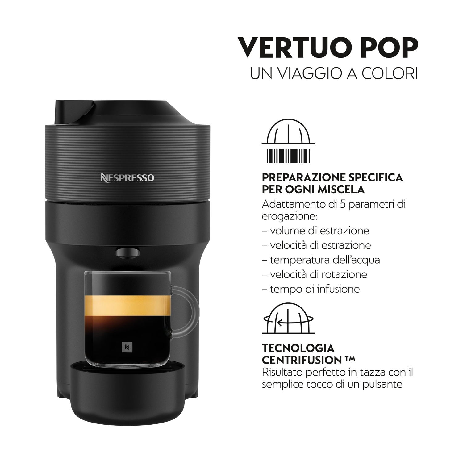 Macchina da caffè nera Nespresso Vertuo Pop con una tazza di caffè e testo a destra.