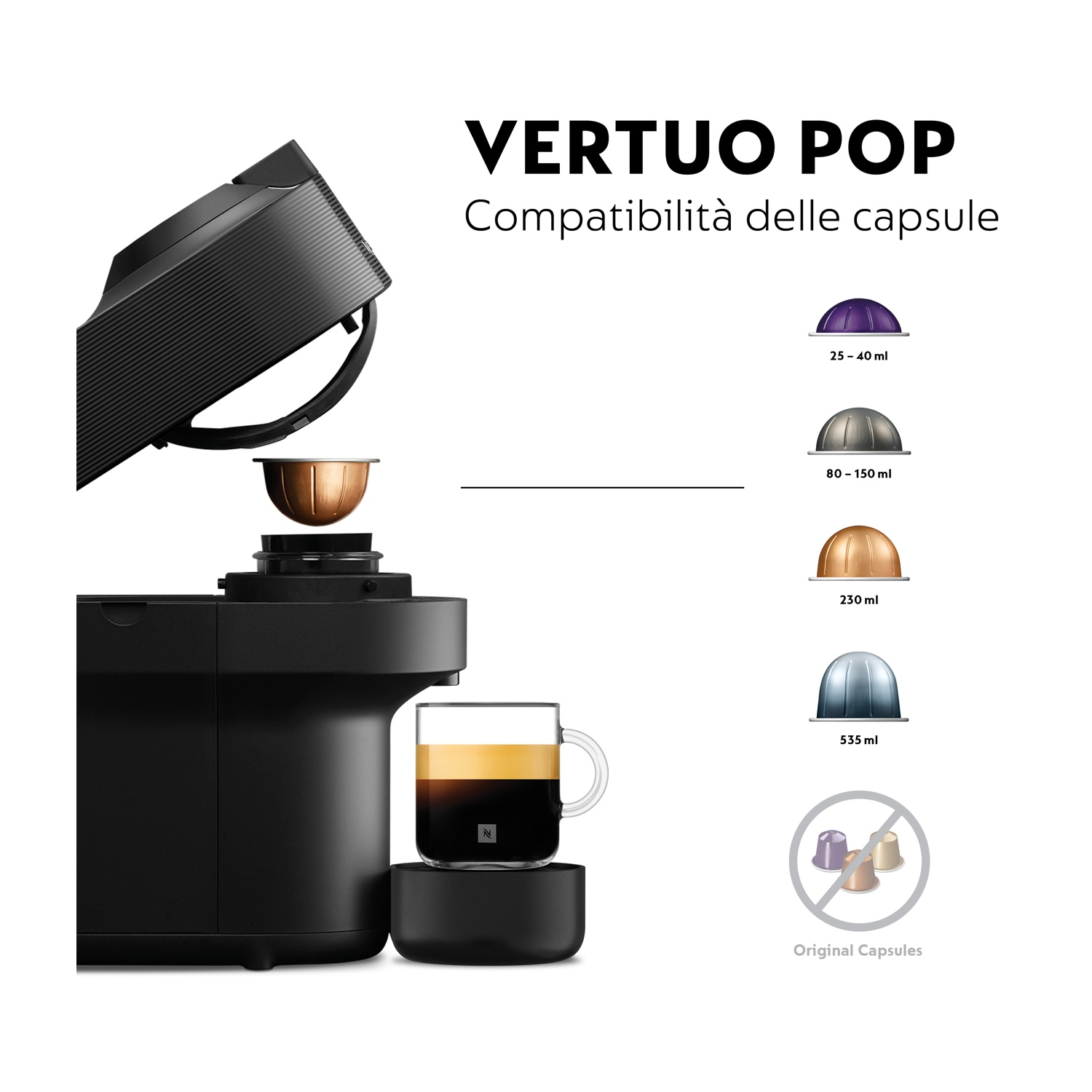 Macchina da caffè nera Vertuo Pop con capsula, tazza e tabella di compatibilità.