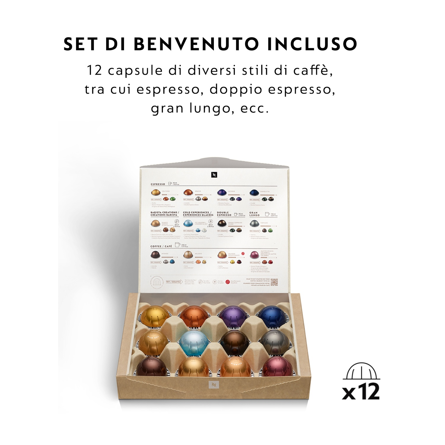Un set di benvenuto con 12 capsule di caffè colorate in una scatola di cartone aperta.