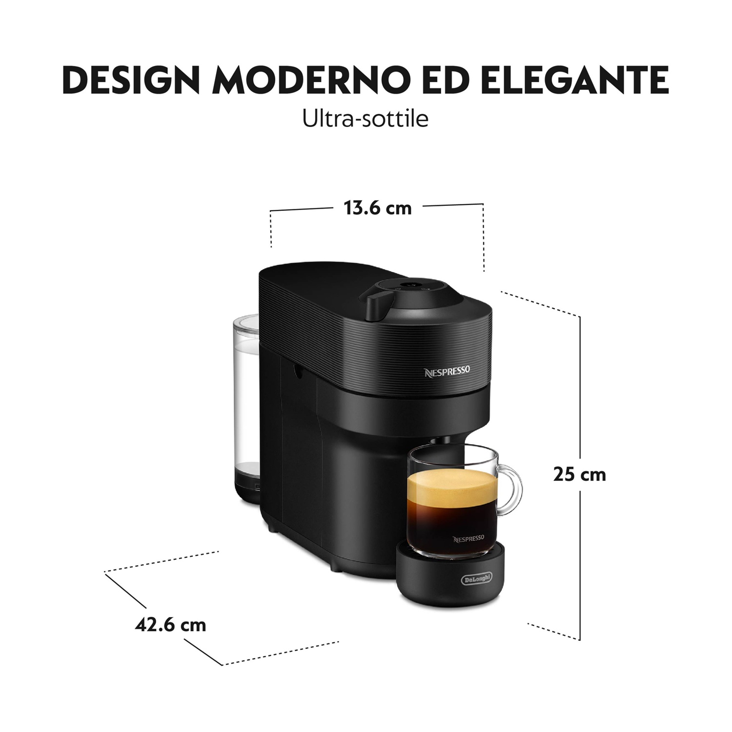 Macchina da caffè Nespresso nera con dimensioni: 13.6 cm di larghezza, 25 cm di altezza, 42.6 cm di profondità.