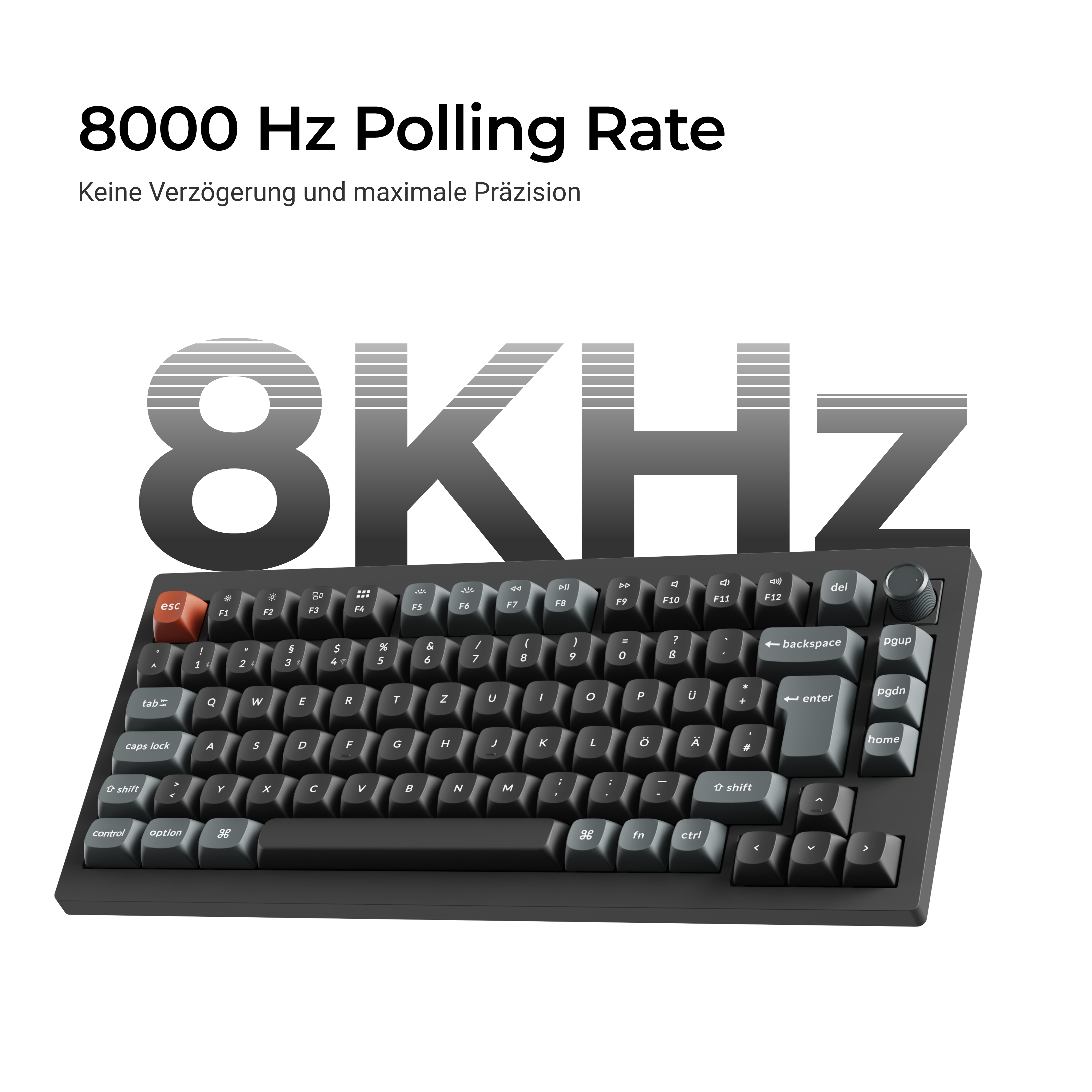 Schwarze Tastatur mit Text 8000 Hz Polling Rate und Keine Verzögerung und maximale Präzision.