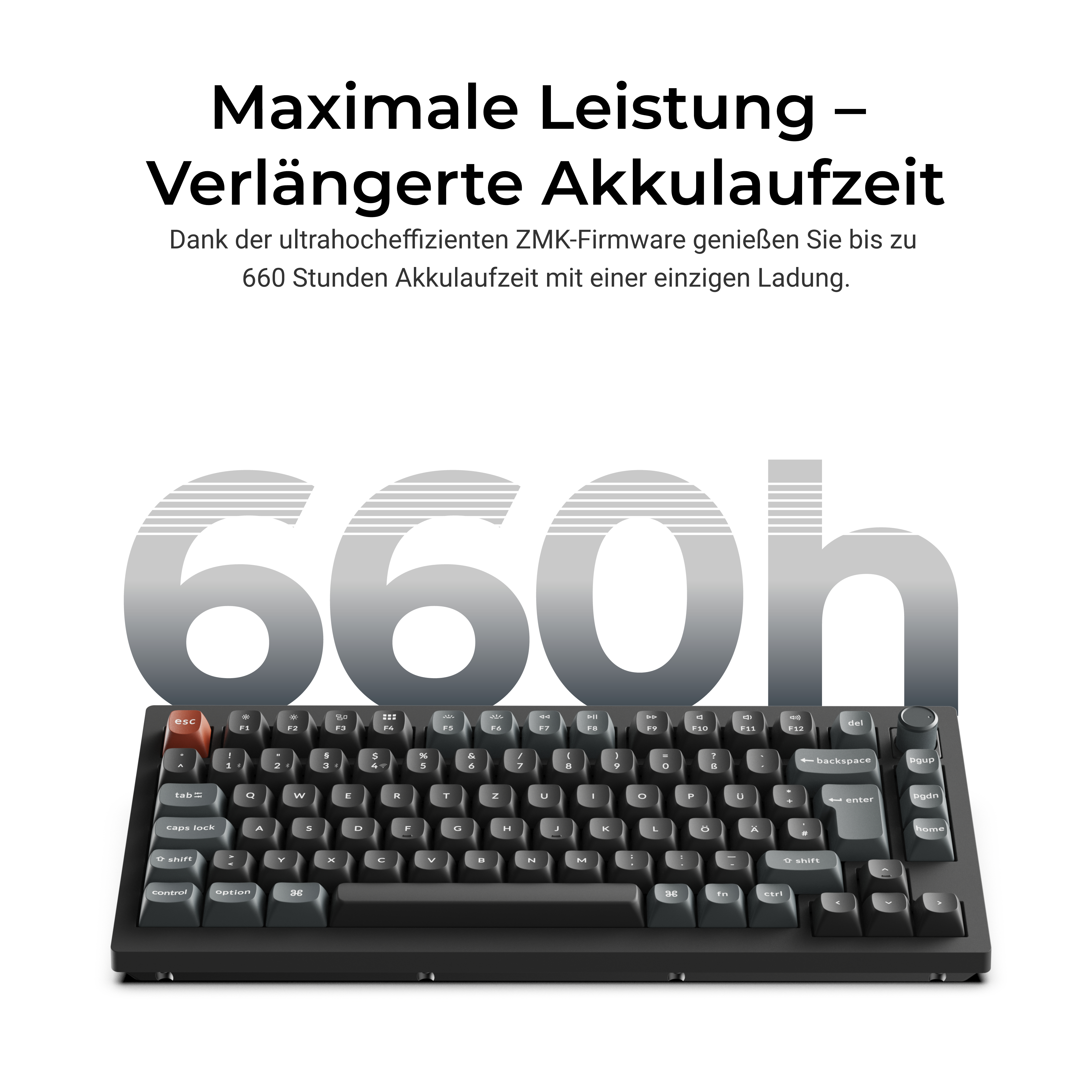 Schwarze mechanische Tastatur auf weißem Hintergrund mit der großen Aufschrift 660h und deutschem Text darüber.