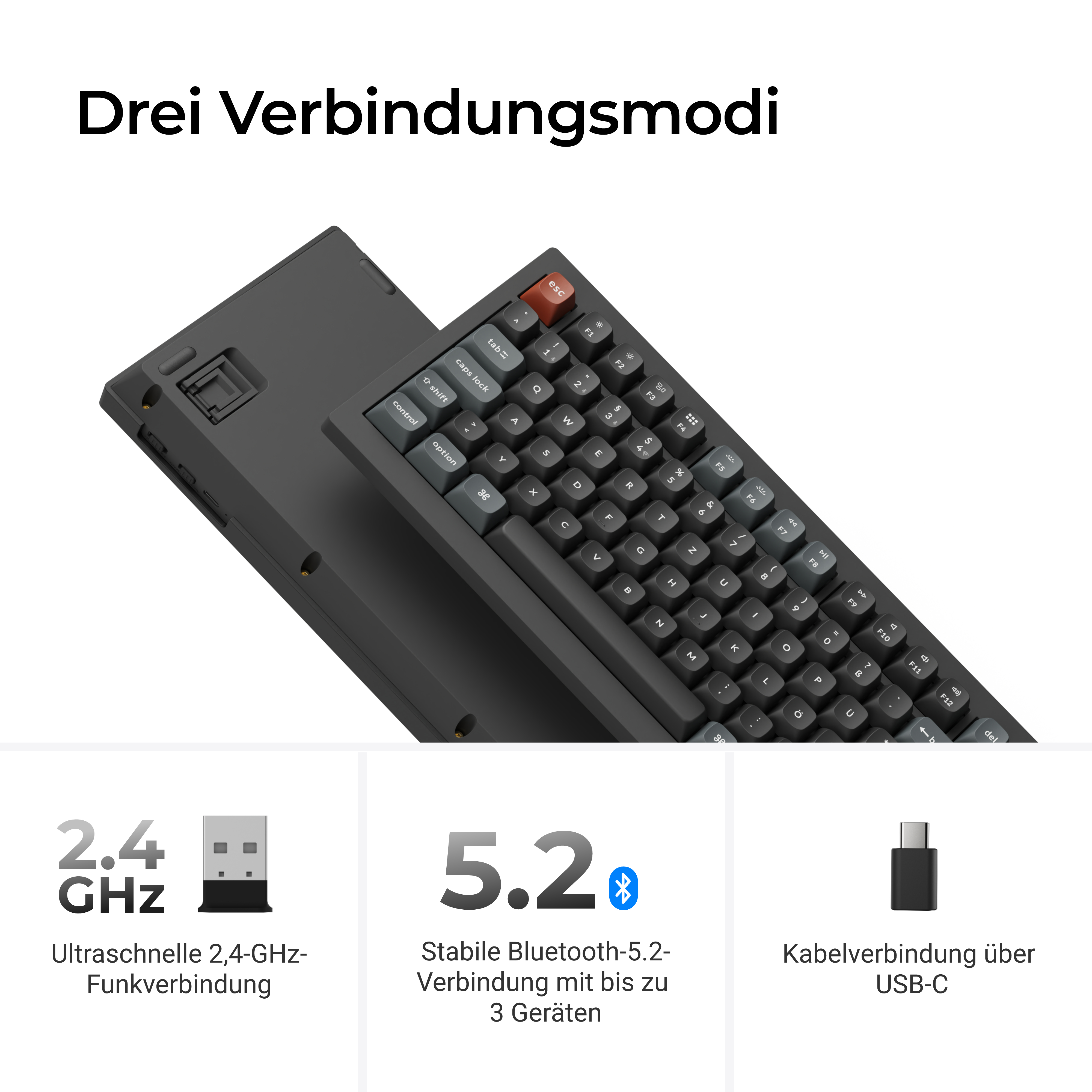 Eine schwarze Tastatur mit drei Verbindungsmodi: 2,4-GHz-Funk, Bluetooth 5.2 und USB-C-Kabel.