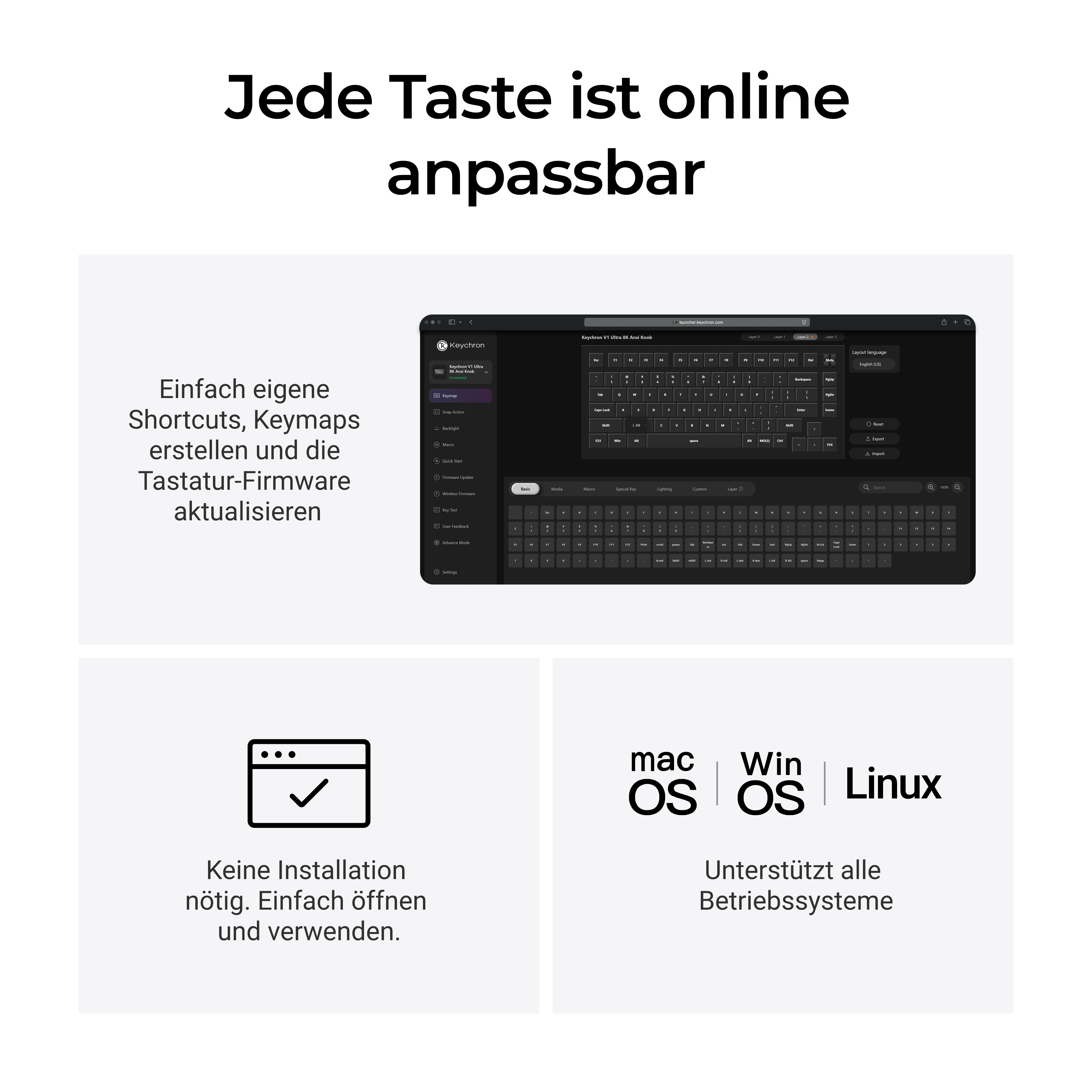 Eine Infografik zeigt anpassbare Tasten, Online-Software und Kompatibilität mit Mac, Win und Linux.