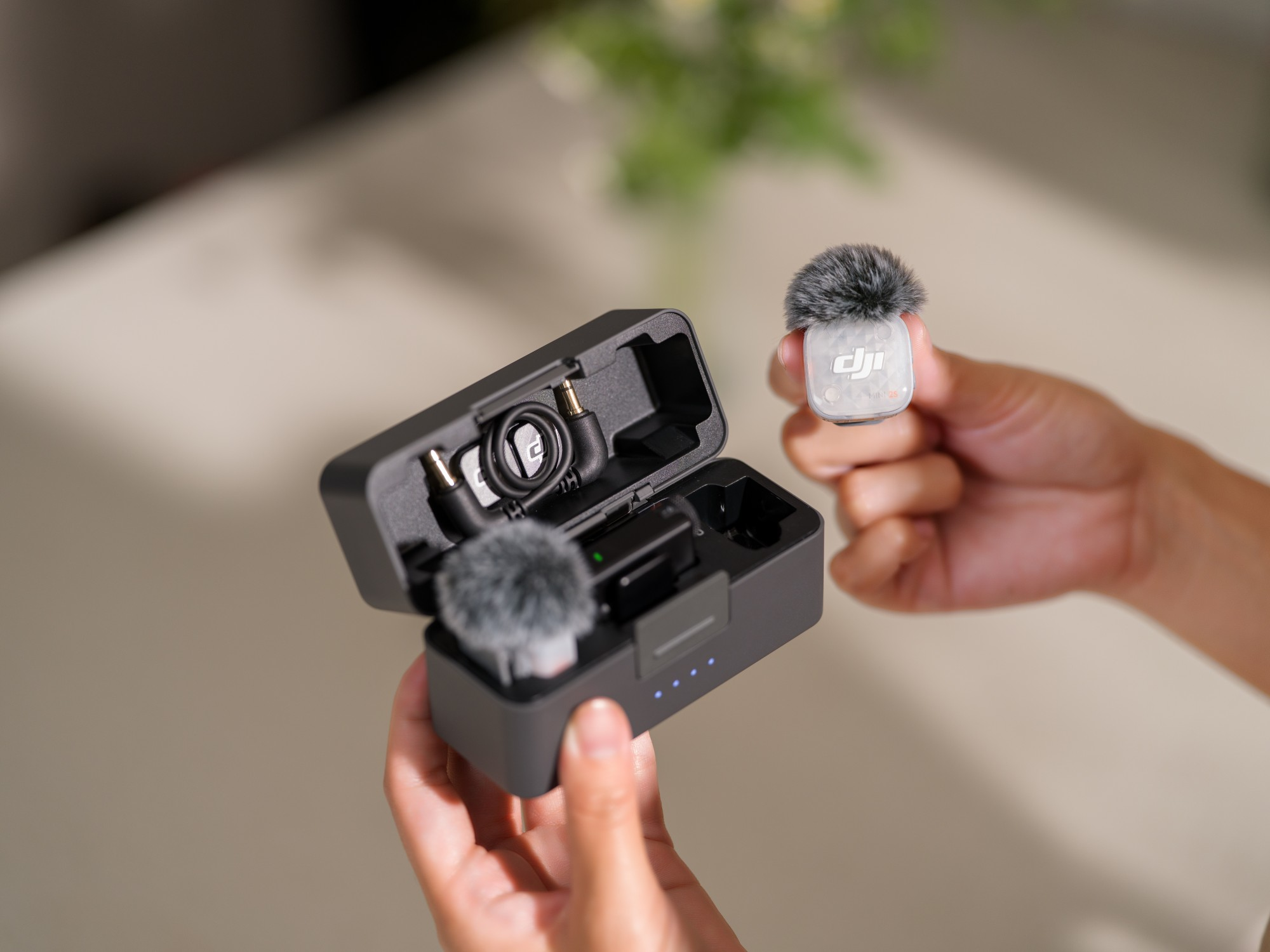 Osoba trzyma otwarte etui ładujące i mały mikrofon DJI z puszystą osłoną przeciwwietrzną.