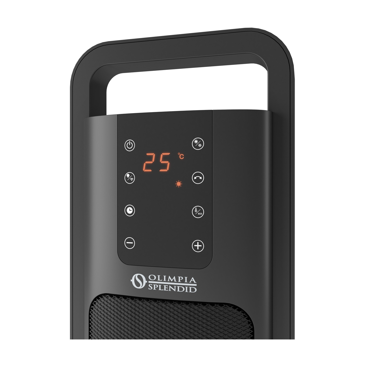 Un riscaldatore nero Olimpia Splendid mostra un display digitale a 25 gradi Celsius con icone touch.