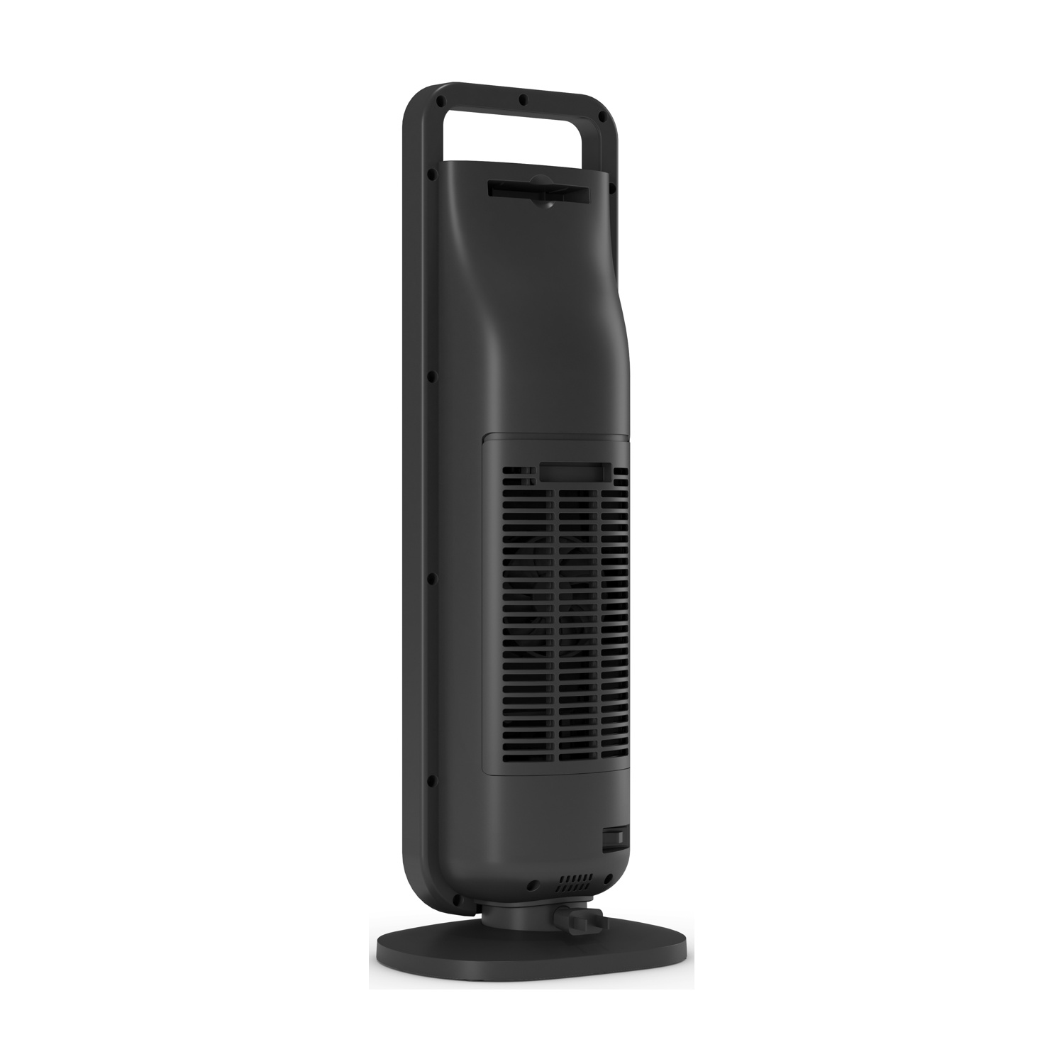 Vista posteriore di un termoventilatore nero con maniglia e base integrate su sfondo bianco.