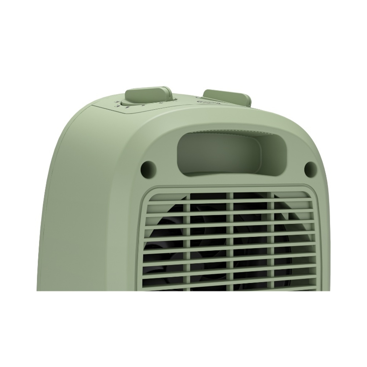 Un termoventilatore verde oliva con manopole superiori e griglia protettiva.