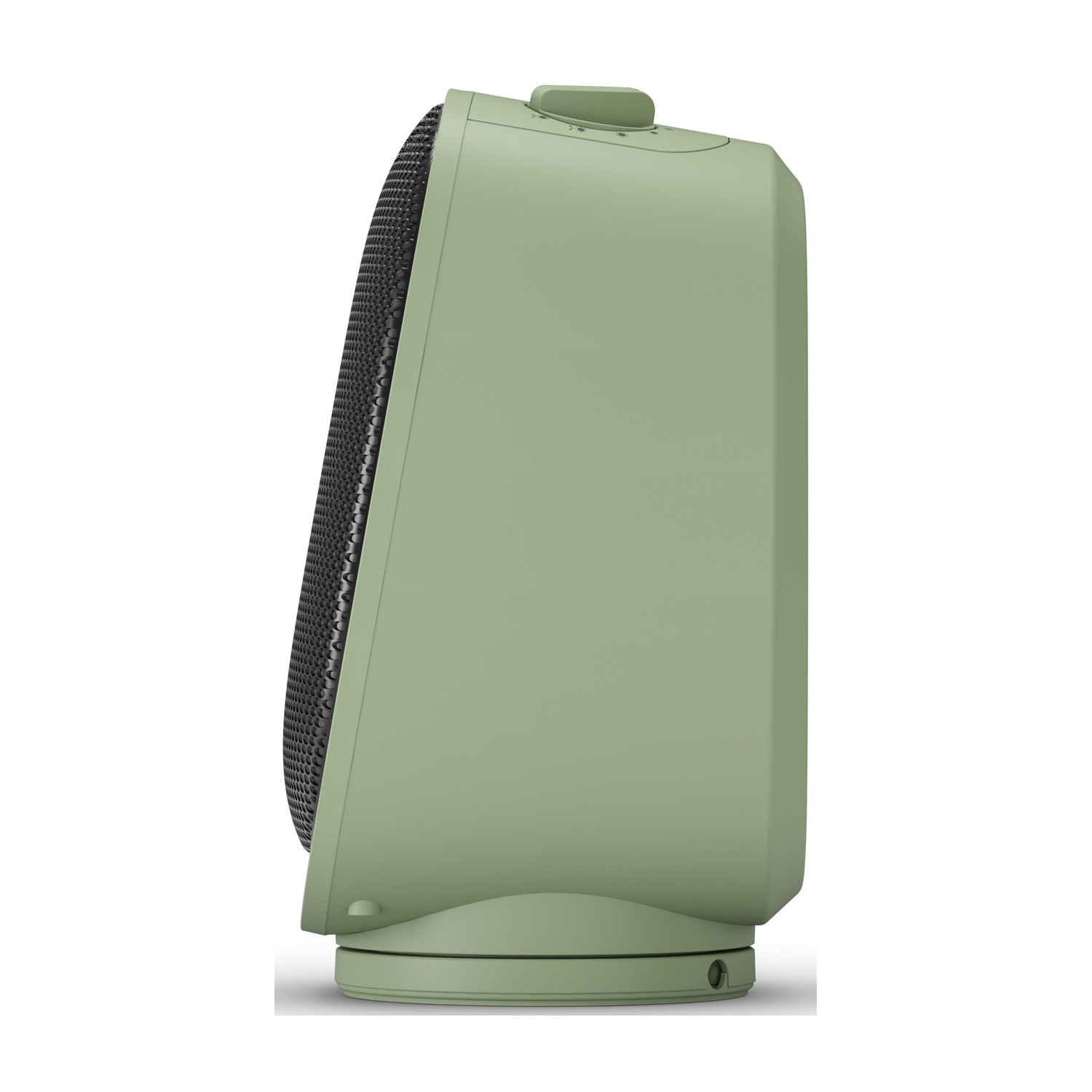Un termoventilatore elettrico verde opaco di profilo, con griglia anteriore nera e manopola di controllo.