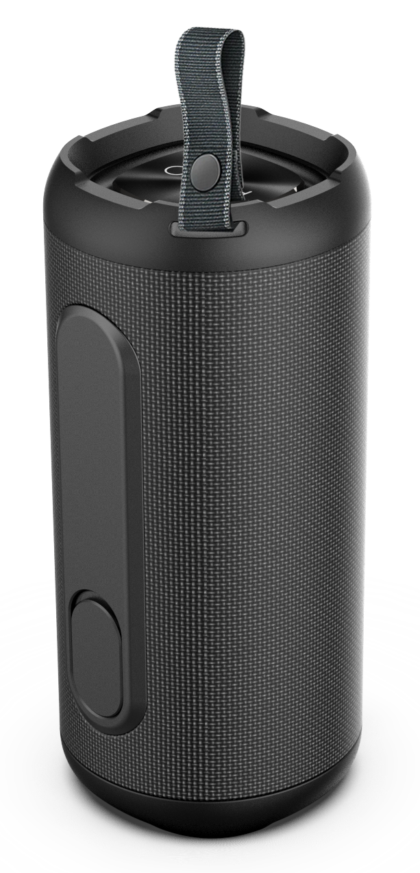 Cylindryczny czarny głośnik Bluetooth z tkaninową powłoką i paskiem do noszenia u góry.