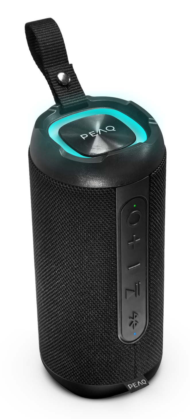Czarny cylindryczny głośnik Bluetooth z paskiem do przenoszenia i świecącym niebieskim pierścieniem LED na górze.