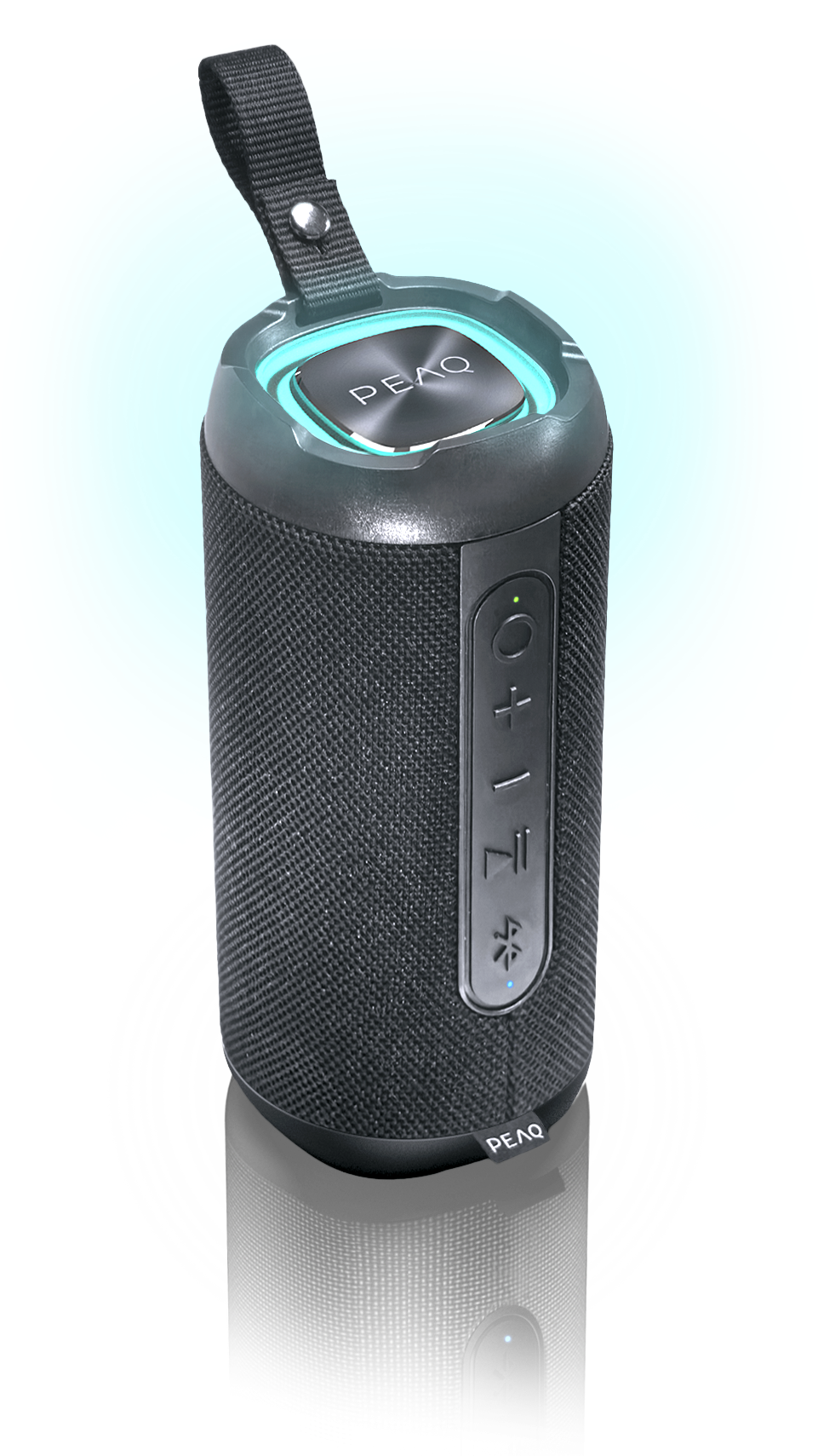 Czarny cylindryczny głośnik Bluetooth z turkusowym podświetleniem LED i paskiem do noszenia na czarnym tle.