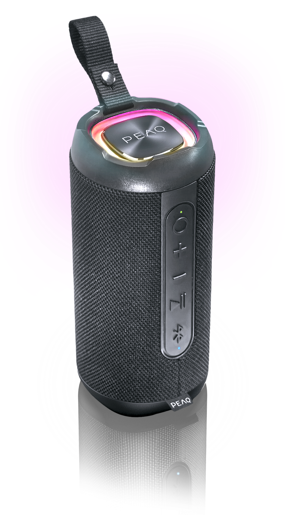 Czarny cylindryczny głośnik Bluetooth z paskiems do noszenia i świecącym pierścieniem.