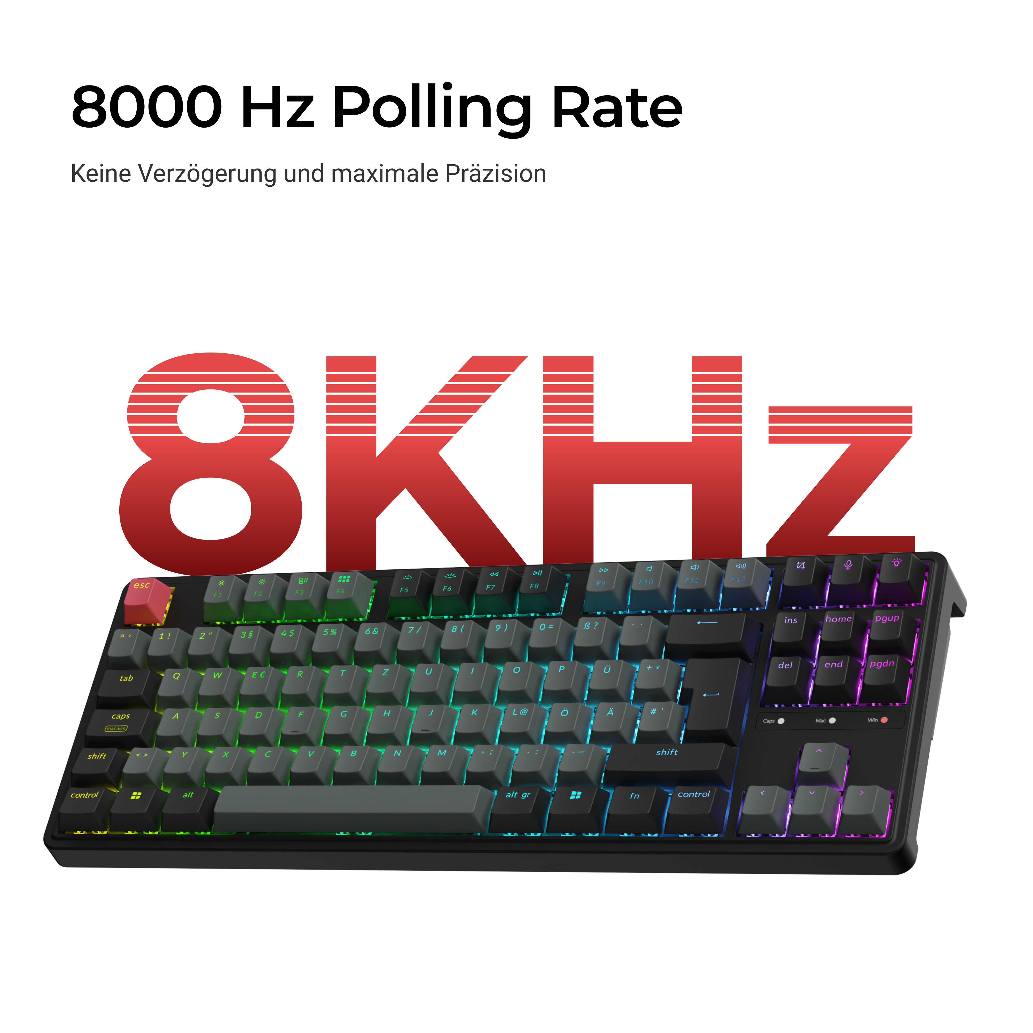 Eine schwarze mechanische Tastatur mit RGB-Beleuchtung und rotem Text 8KHZ im Hintergrund.