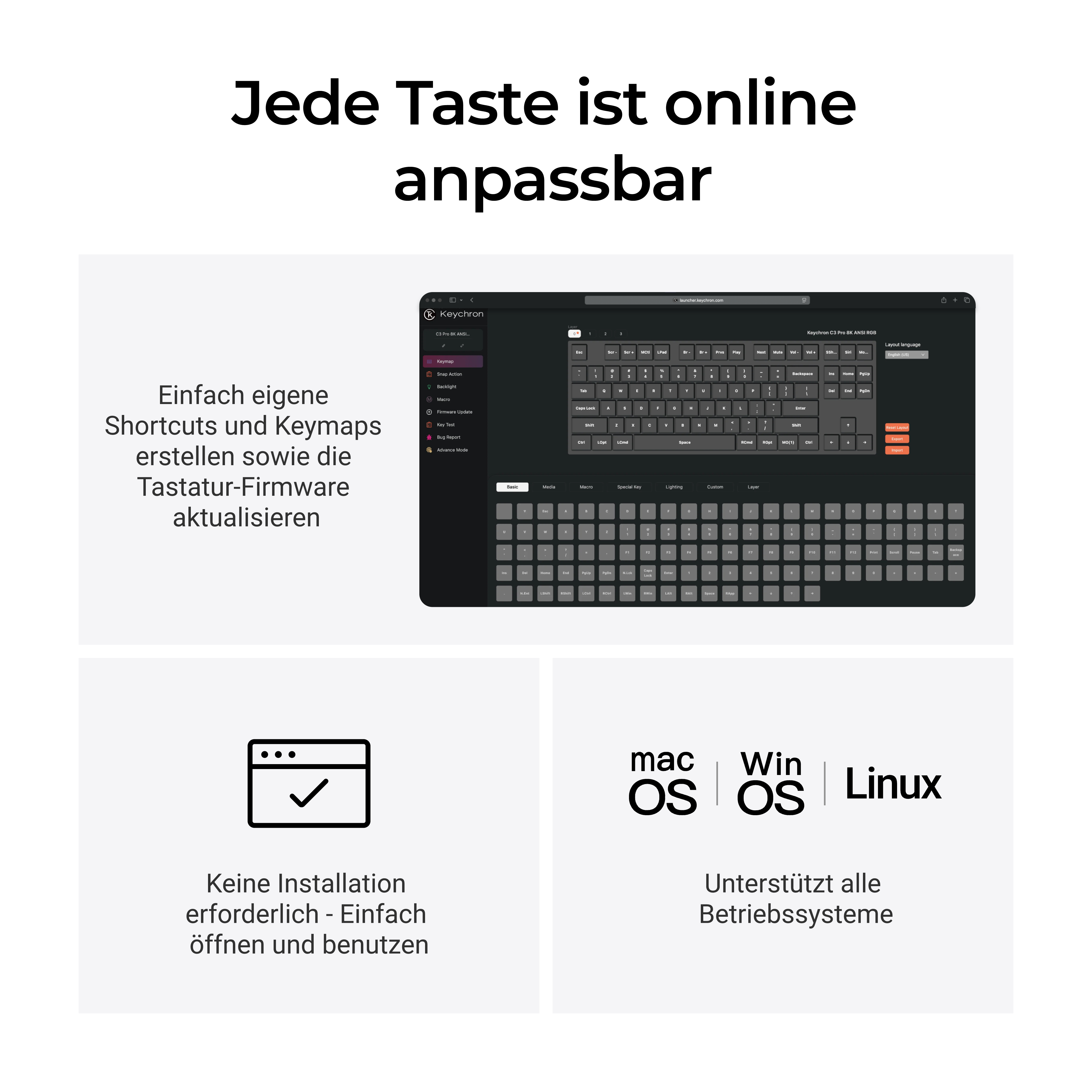 Online anpassbare Tastatur mit Software-Schnittstelle, plattformübergreifend unterstützt.
