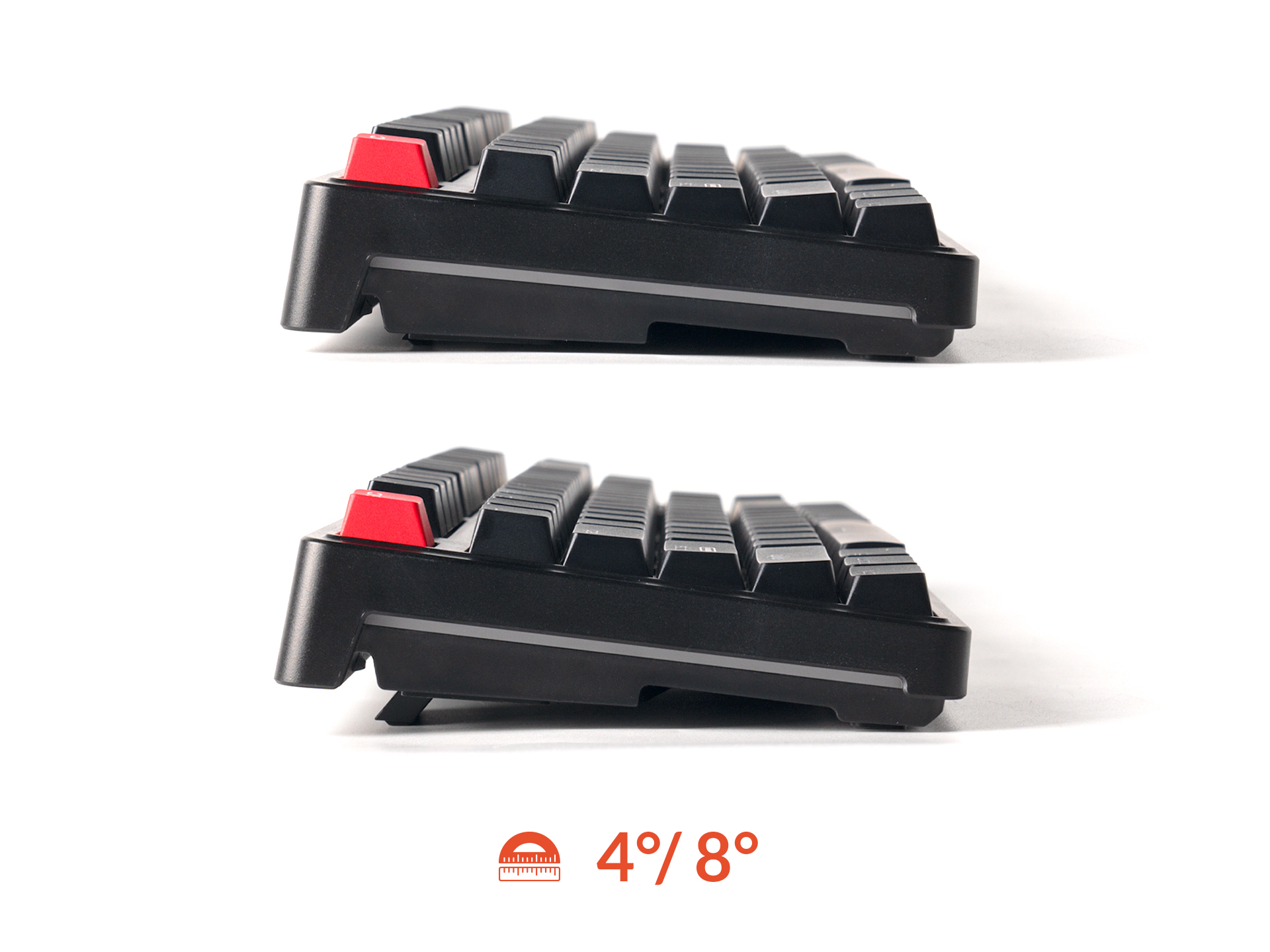 Seitenansicht einer schwarzen Tastatur mit roten Tasten in zwei Winkeln von 4 und 8 Grad.