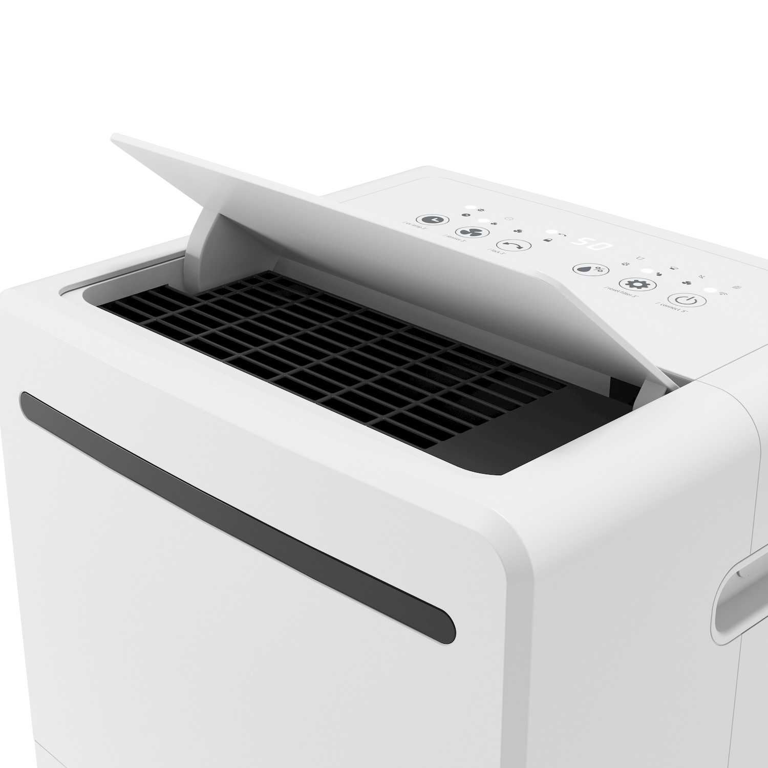 Deumidificatore bianco con sportello superiore aperto, griglia nera e pannello di controllo digitale su sfondo bianco.