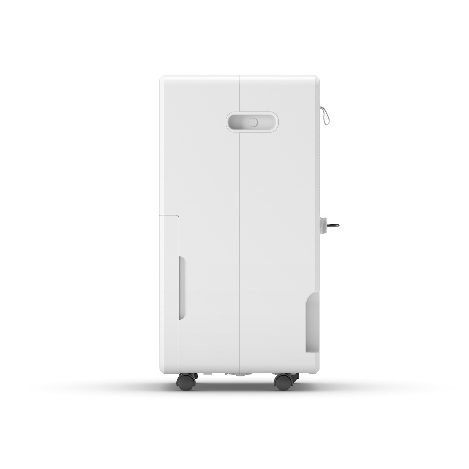Un deumidificatore portatile bianco poggia su piccole ruote nere su sfondo bianco.