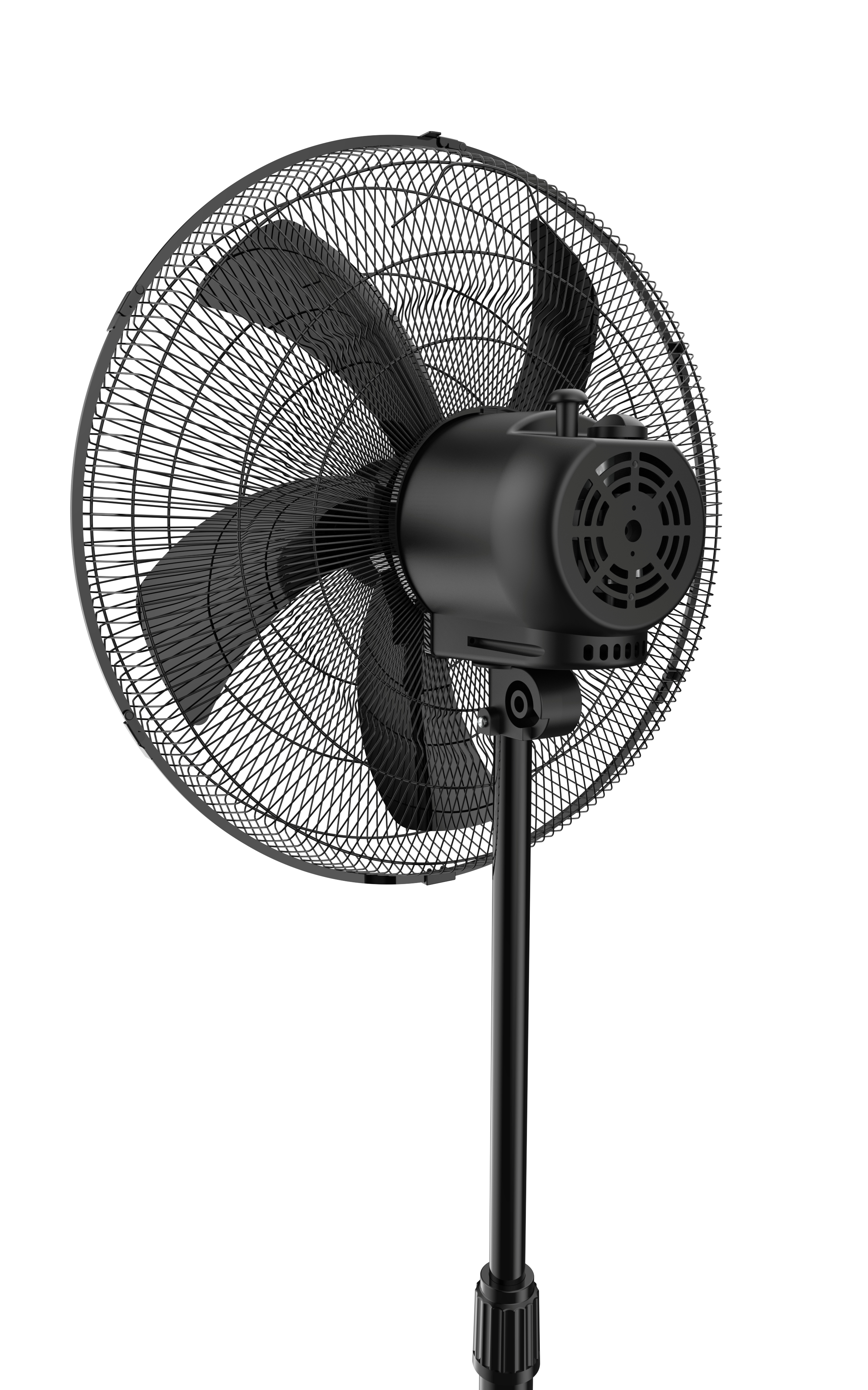 Ein schwarzer Standventilator mit Schutzgitter und einem langen Ständer vor weißem Hintergrund.