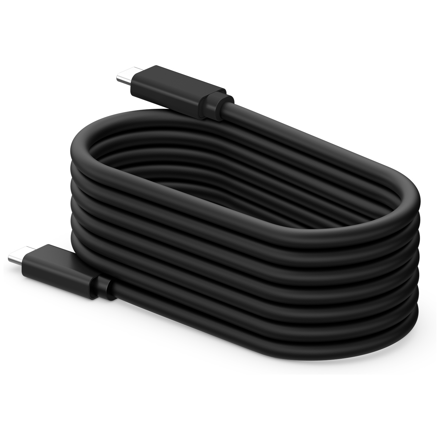 A neatly coiled black USB-C cable with connectors on both ends against a white background.