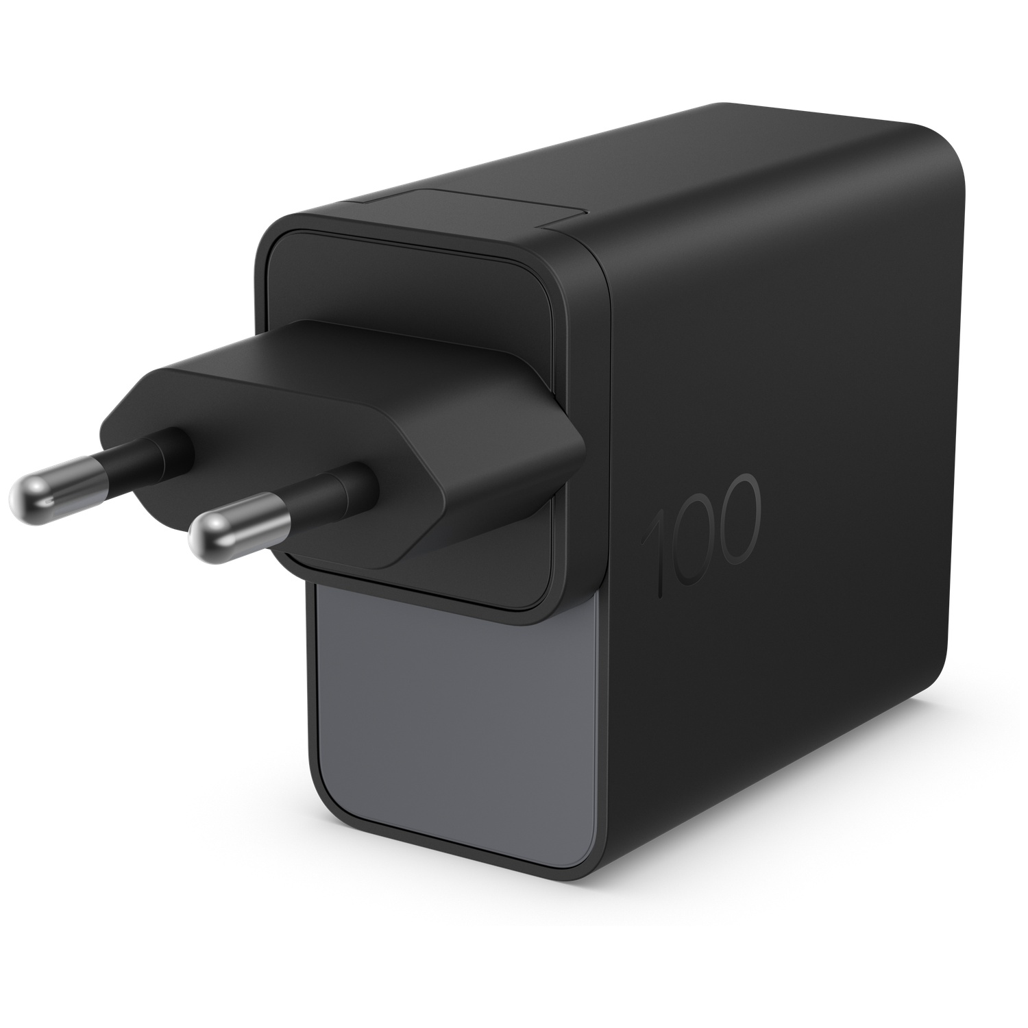 A black 100W power adapter with two round plug pins on a white background.