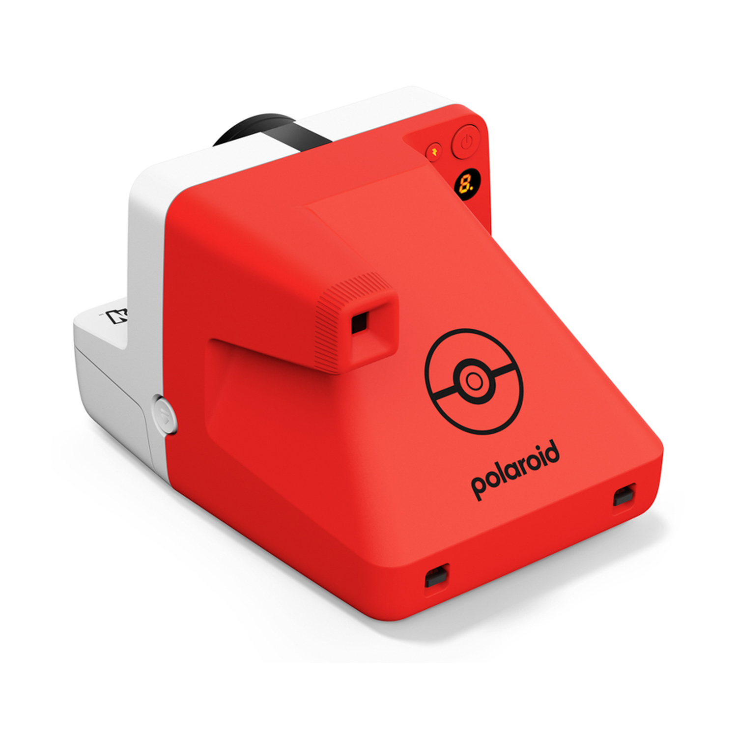 Una fotocamera istantanea Polaroid rossa e bianca con il simbolo di una Pokéball sul davanti.