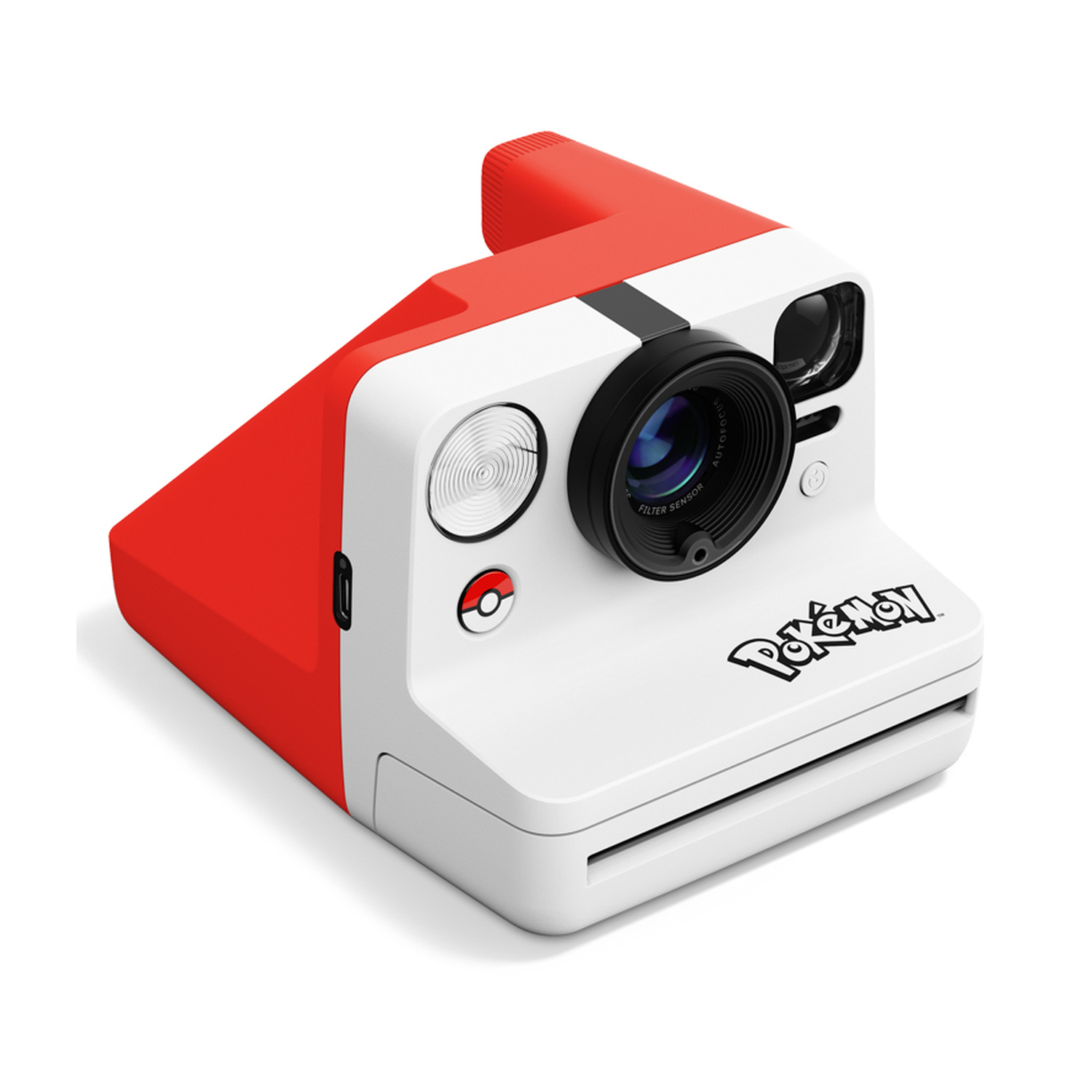 Una fotocamera istantanea Pokémon rossa e bianca su sfondo bianco con un obiettivo rotondo e il logo Pokémon.