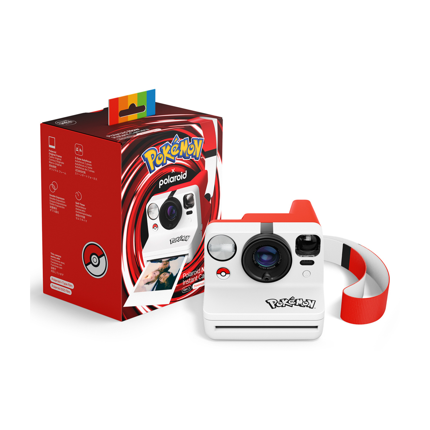 Una fotocamera istantanea Polaroid Pokémon bianca e rossa con la sua scatola rossa e una tracolla bianca e rossa.