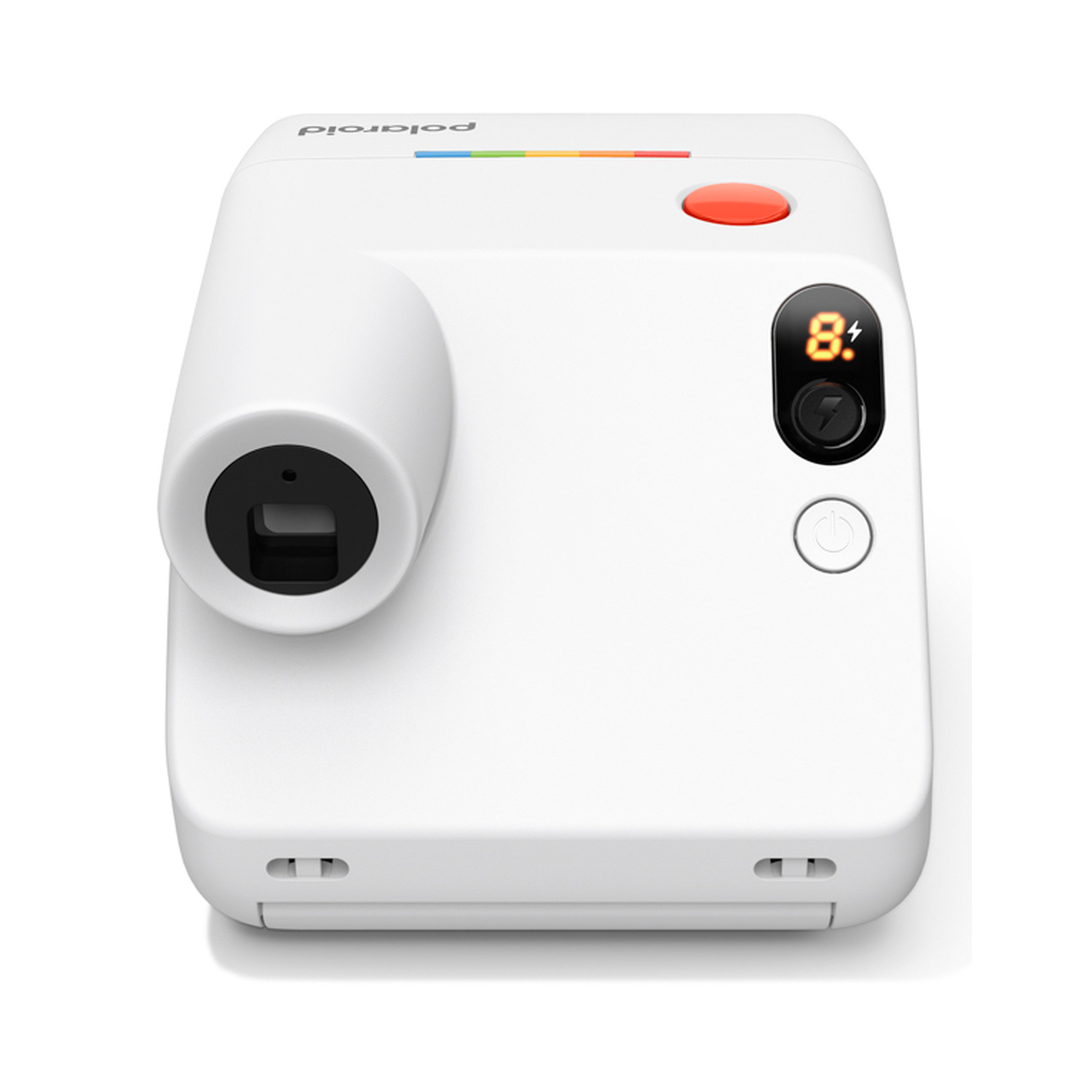 Una fotocamera istantanea Polaroid bianca con pulsante di scatto rosso e display digitale su sfondo bianco.