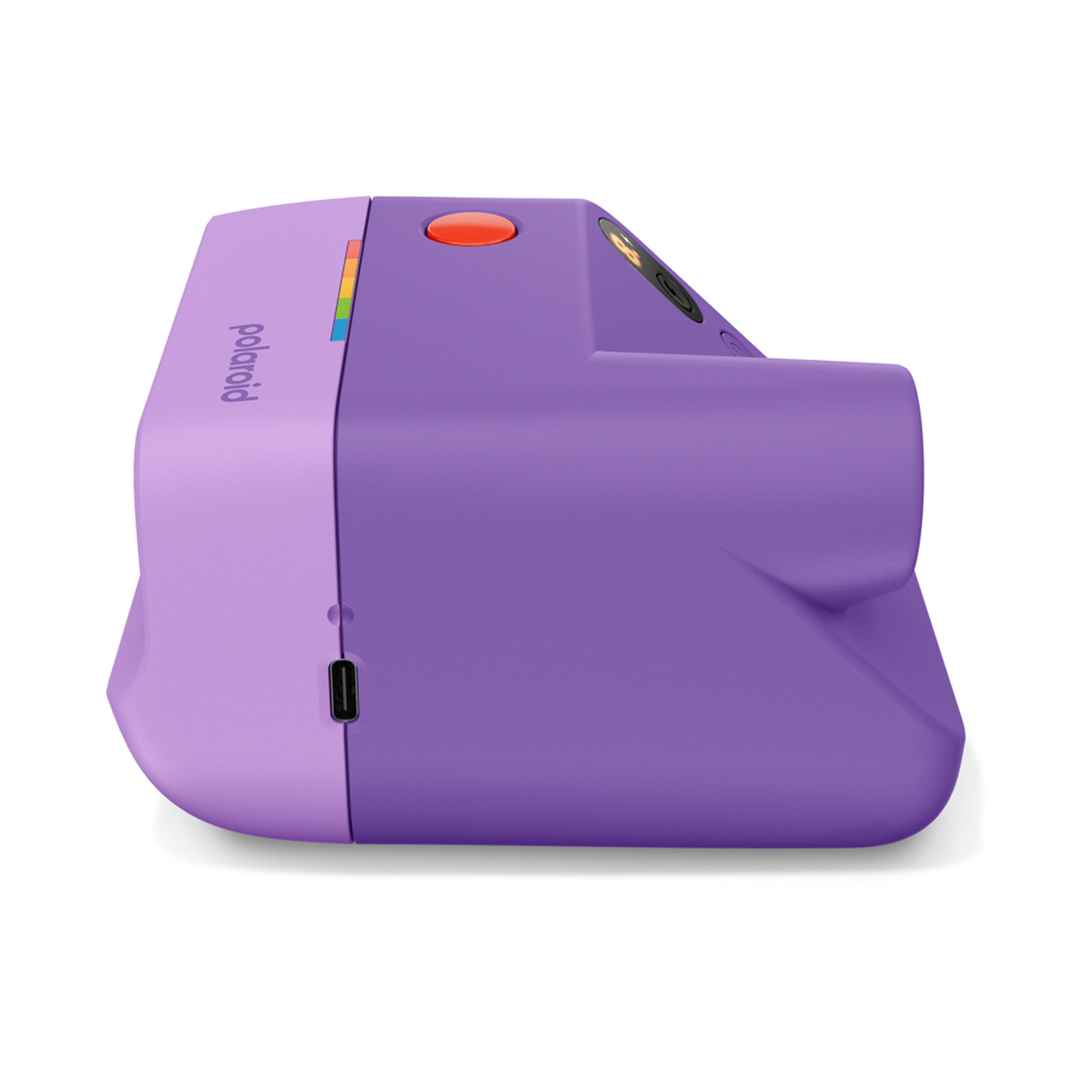 Una fotocamera istantanea Polaroid viola su sfondo bianco, vista di lato.
