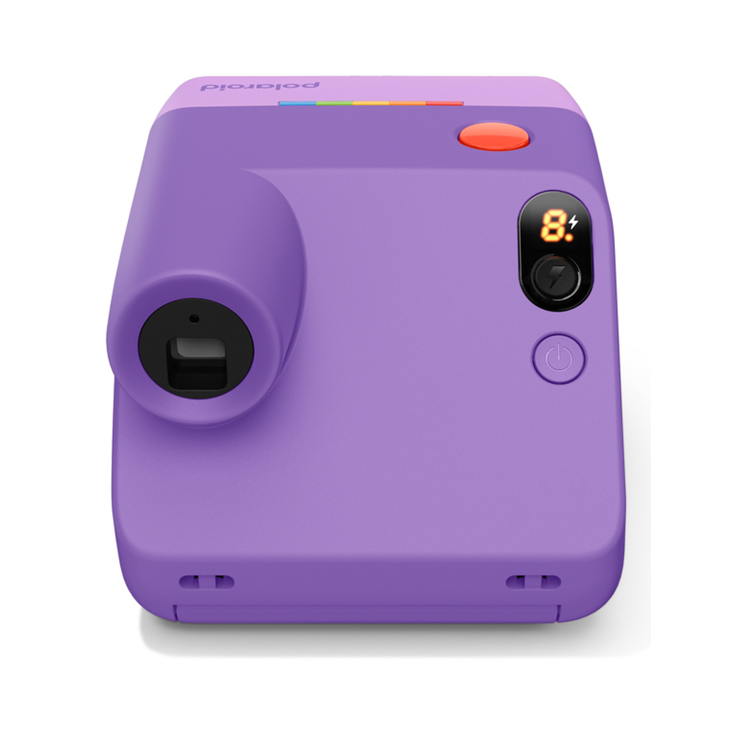 Una fotocamera istantanea Polaroid viola con un pulsante di scatto rosso e display digitale su sfondo bianco.