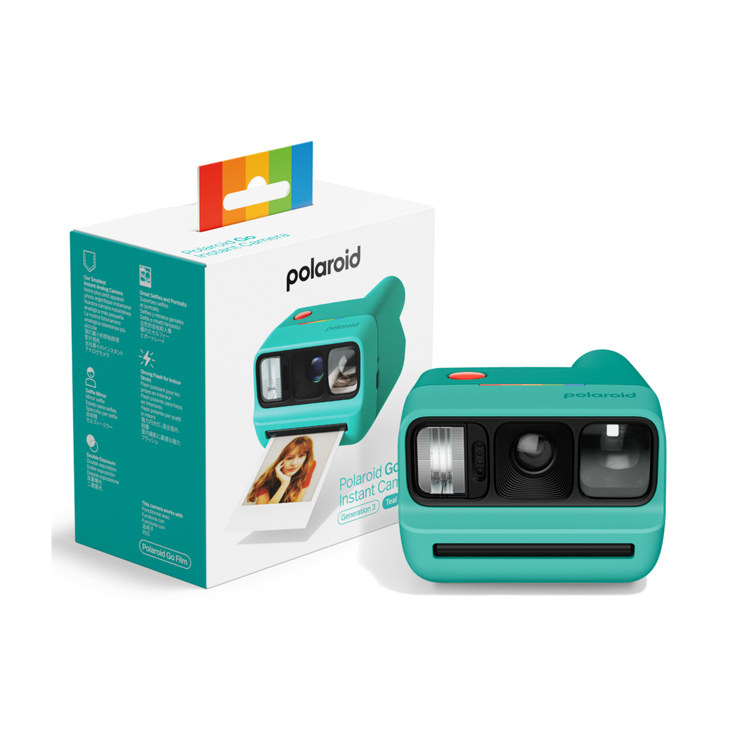 Una fotocamera istantanea Polaroid Go verde acqua accanto alla sua confezione.