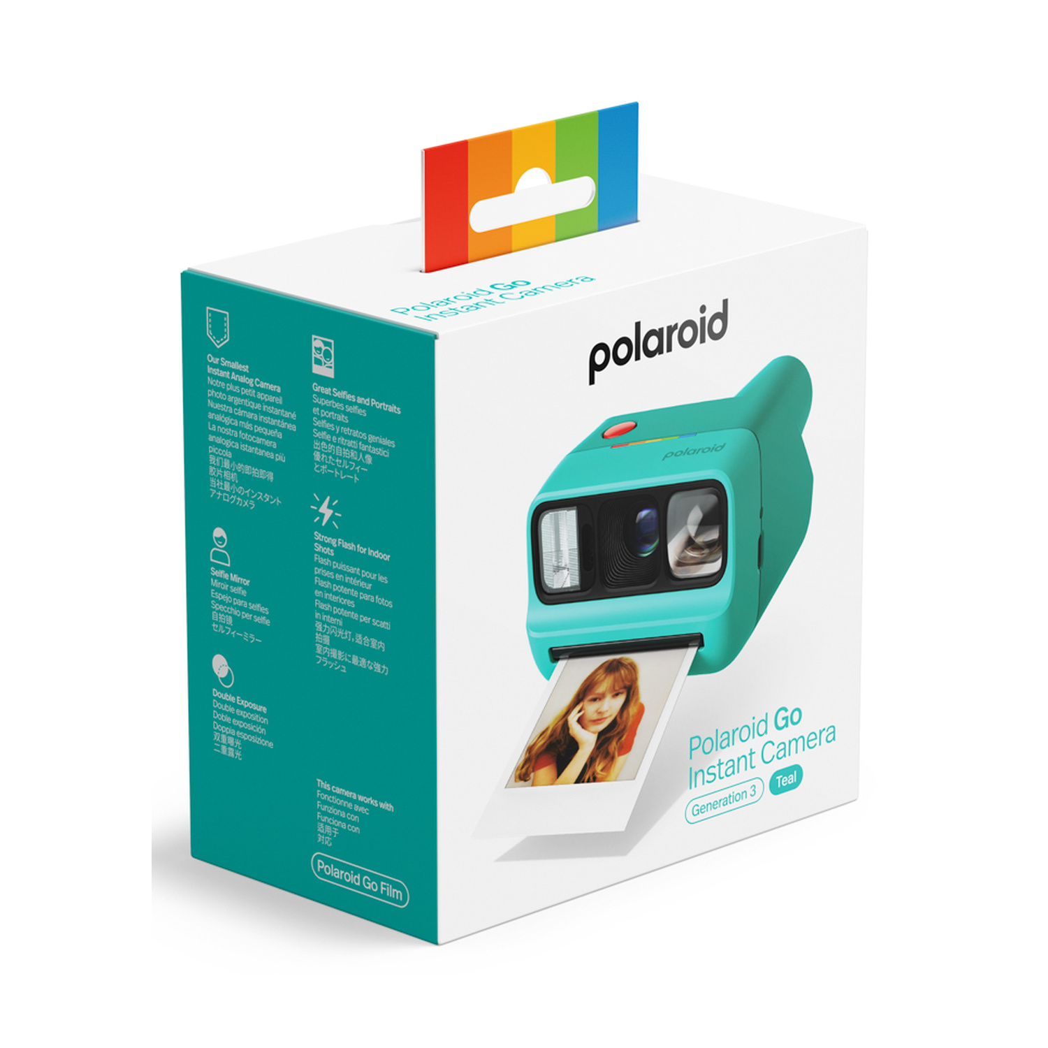 Una fotocamera istantanea Polaroid Go turchese nella sua scatola bianca che espelle una foto.