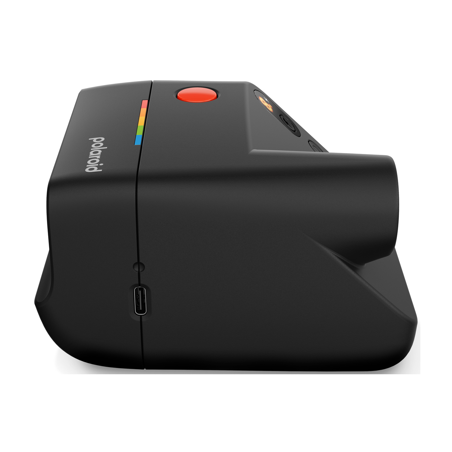 Vista laterale di una fotocamera Polaroid nera con pulsante di scatto rosso e porta USB-C.