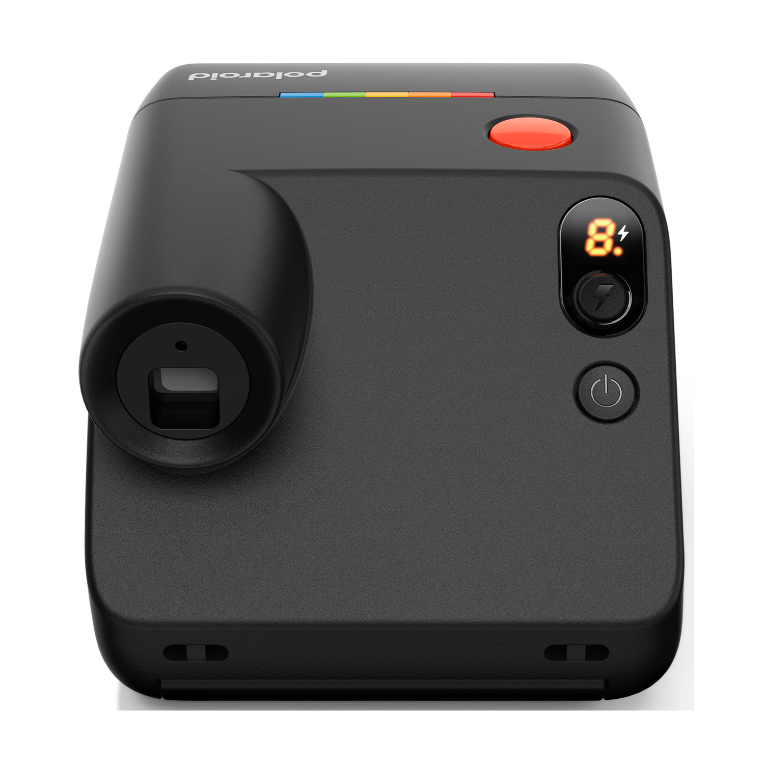 Una fotocamera istantanea Polaroid nero opaco con un pulsante di scatto rosso, un display digitale e l'iconica striscia colorata.