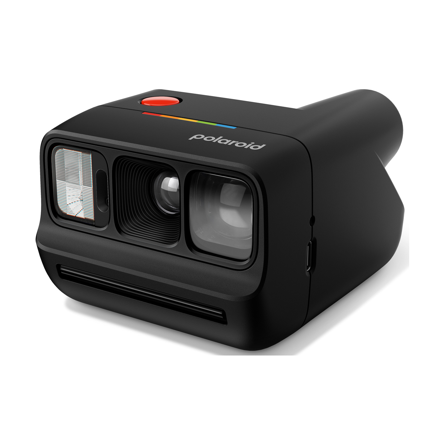 Una fotocamera istantanea Polaroid nera con pulsante rosso e striscia colorata su sfondo bianco.