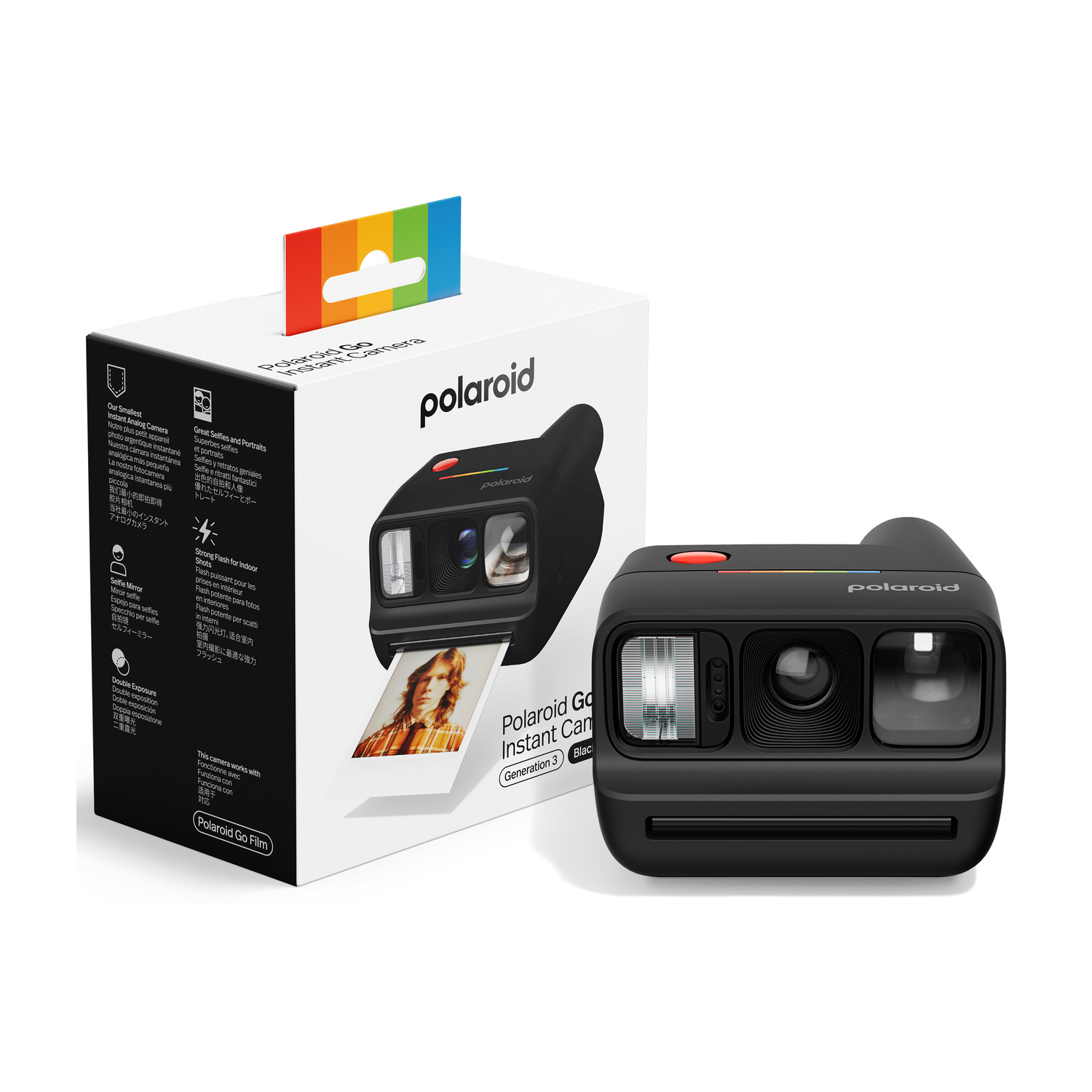Una fotocamera istantanea nera Polaroid Go Generation 3 accanto alla sua confezione.