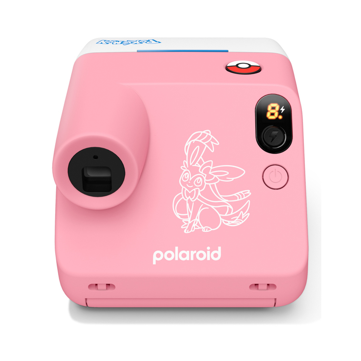 Fotocamera istantanea Polaroid rosa con grafica bianca di Pokémon Eevee, obiettivo rotondo e piccolo display digitale.