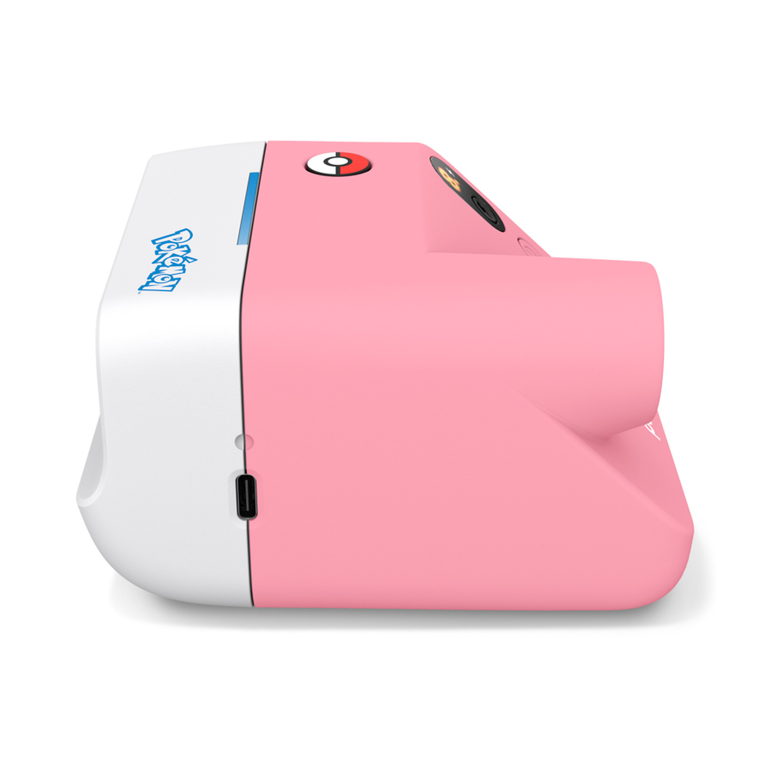 Una fotocamera Pokémon rosa e bianca con un pulsante Pokeball su sfondo bianco.