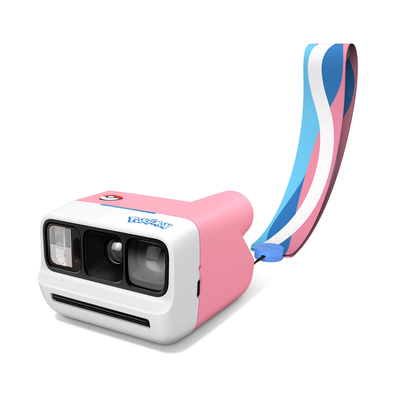 Una fotocamera istantanea rosa e bianca con logo Pokémon e un cinturino colorato su sfondo bianco.