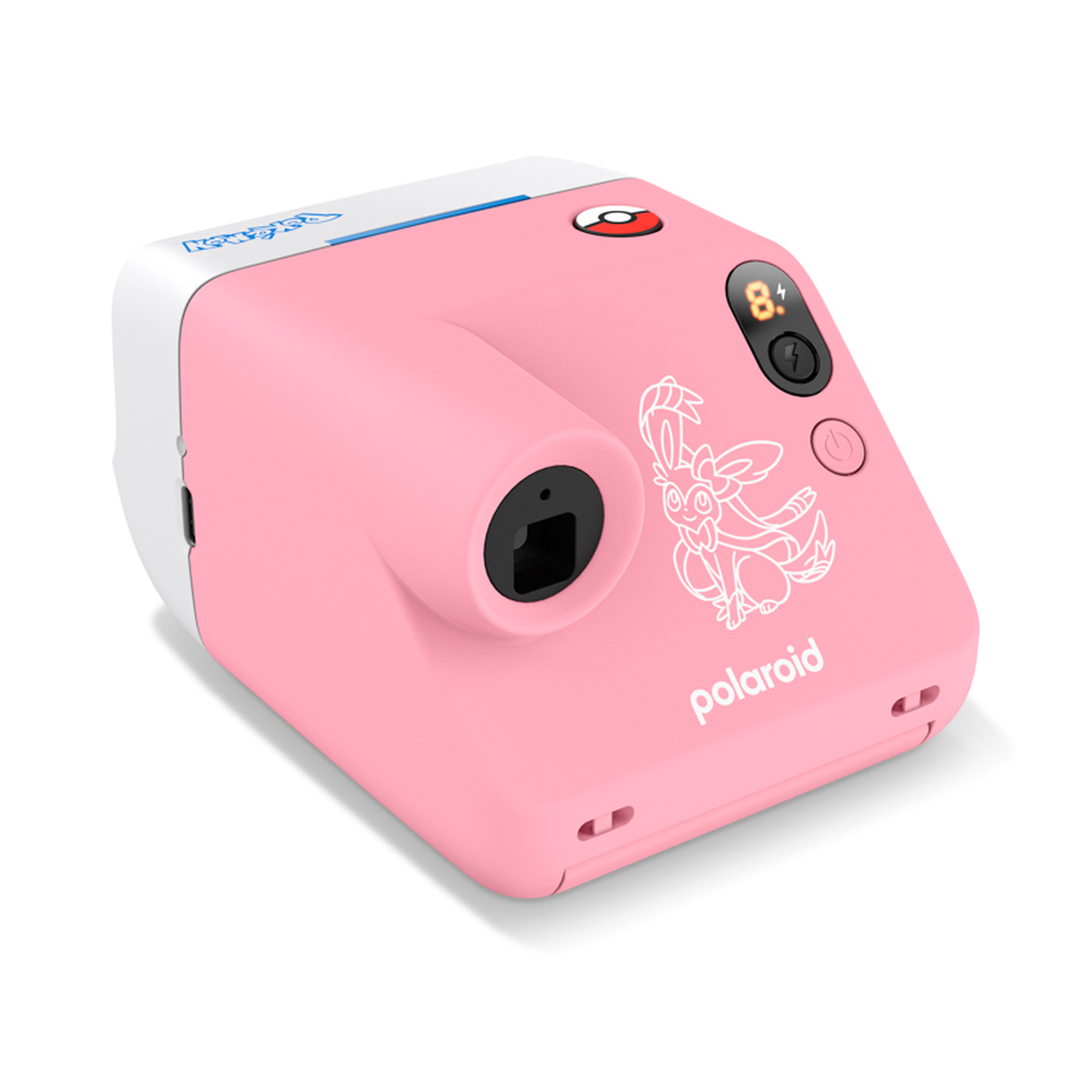 Fotocamera istantanea Polaroid rosa con design Pokémon, illustrazione di Eevee e pulsante di scatto Pokéball.