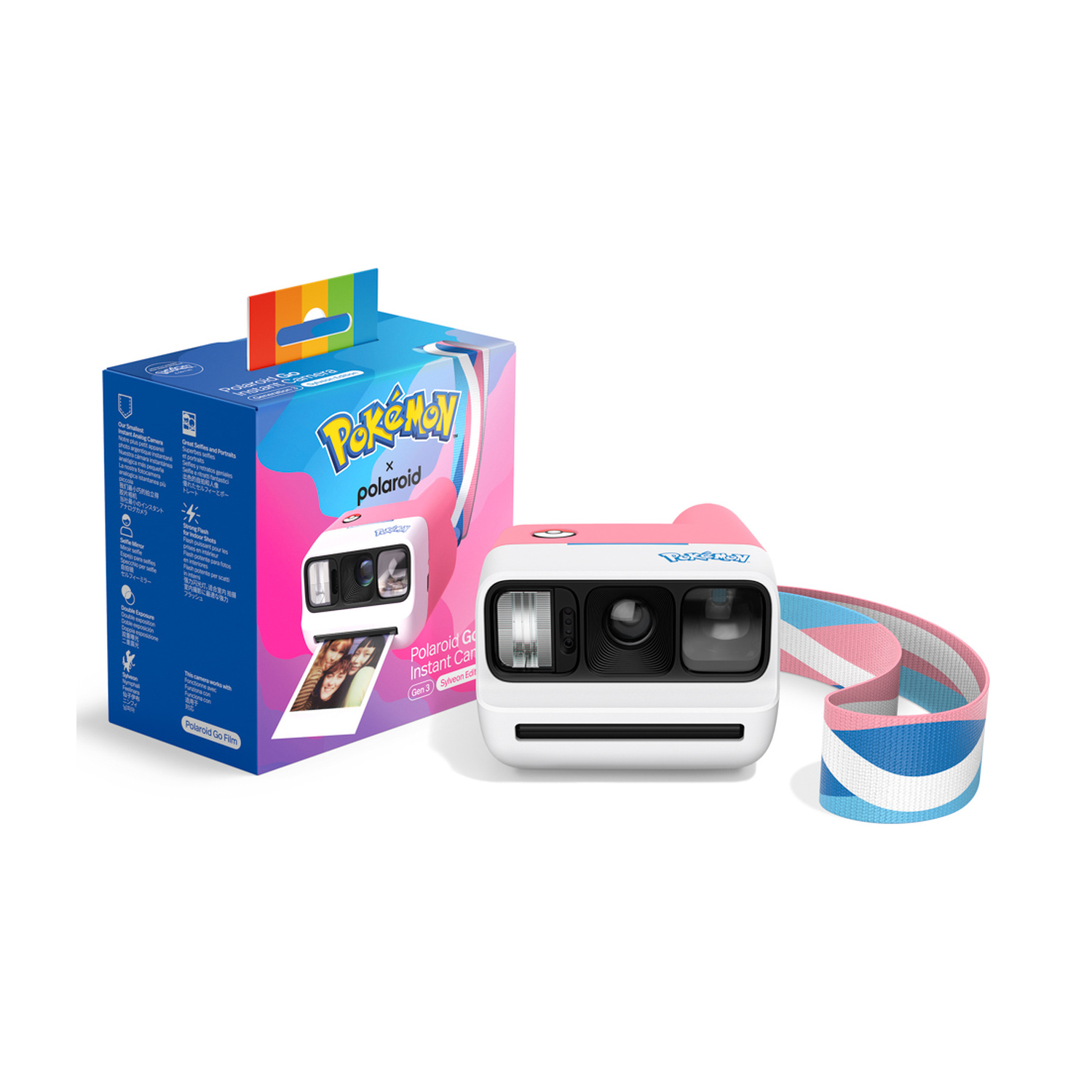 Una fotocamera istantanea Pokémon Polaroid rosa e bianca con confezione e tracolla colorata.