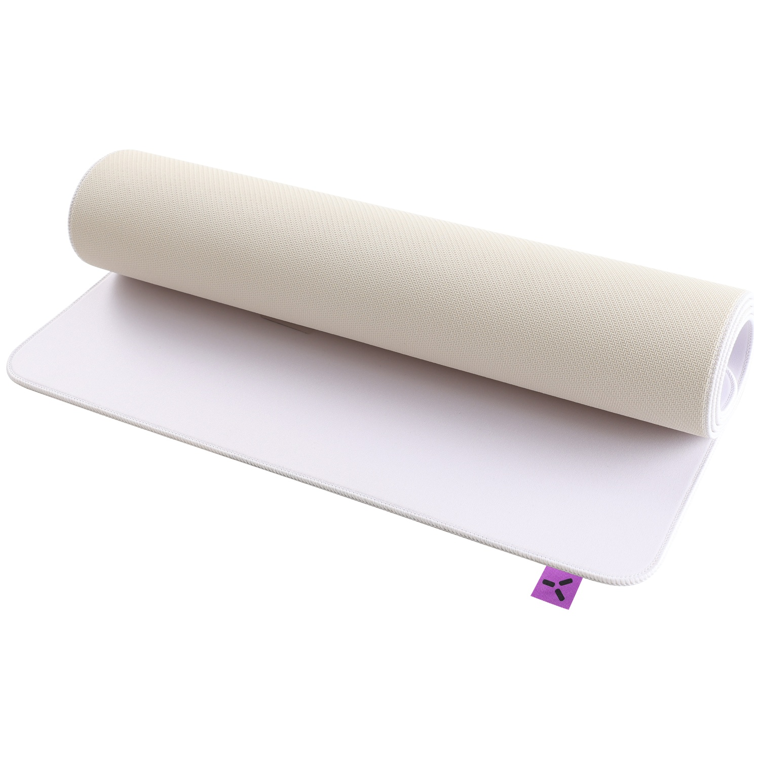 Een witte bureaulegger, half opgerold op een witte achtergrond, met een klein paars label.