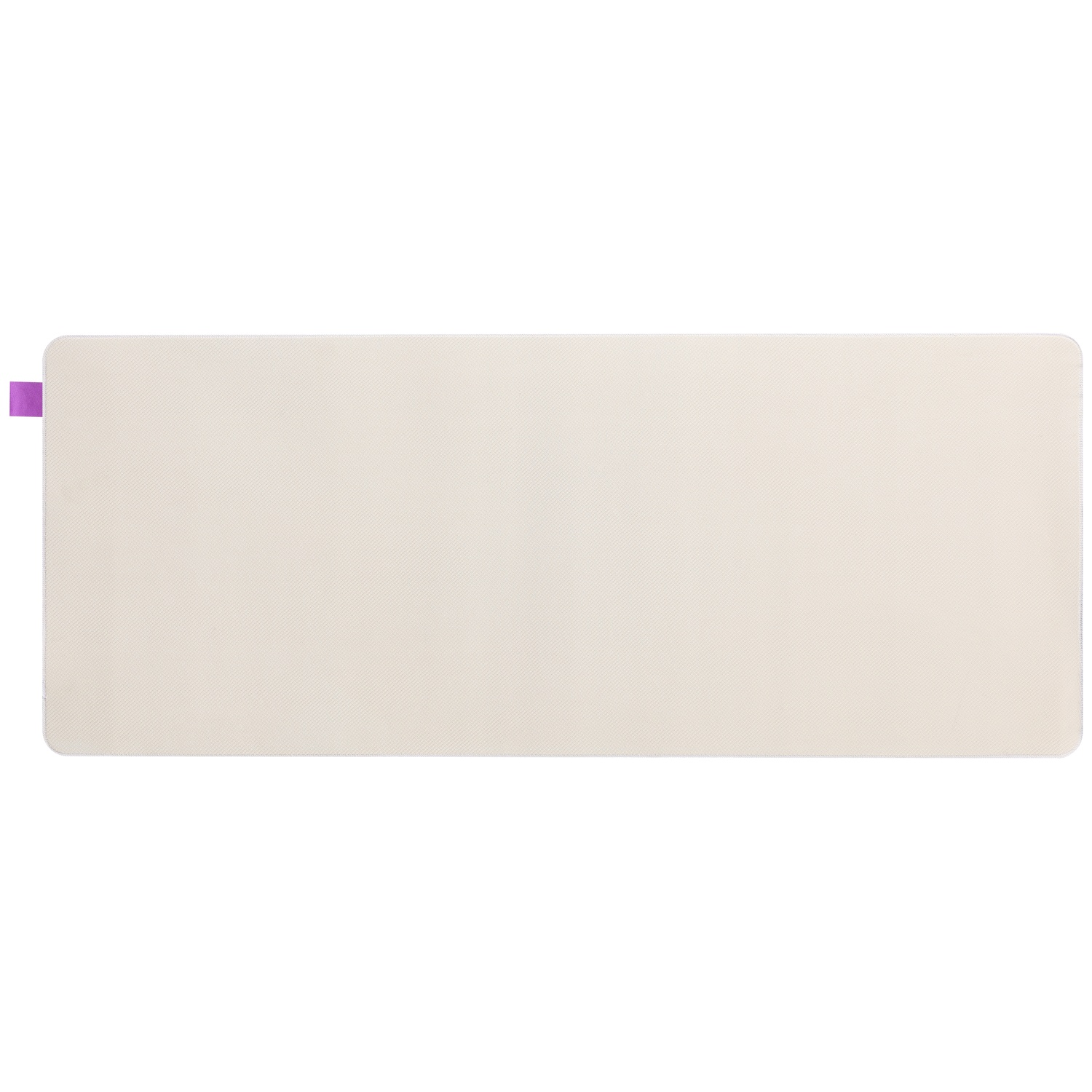 Een rechthoekige, beige bureau-onderlegger met een klein paars label aan de linkerrand.