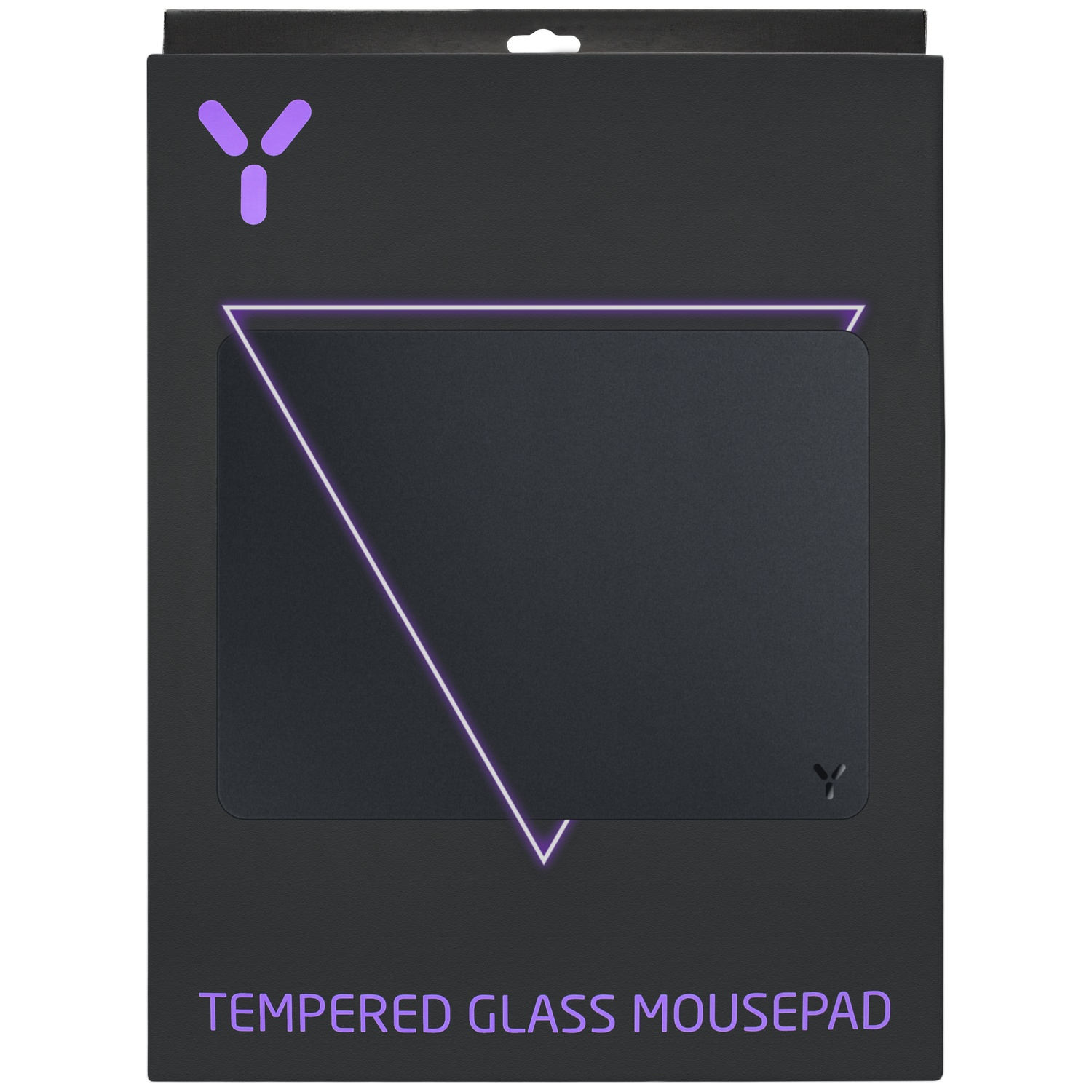 Zwarte verpakking voor een gehard glazen muismat met een paars logo en tekst.