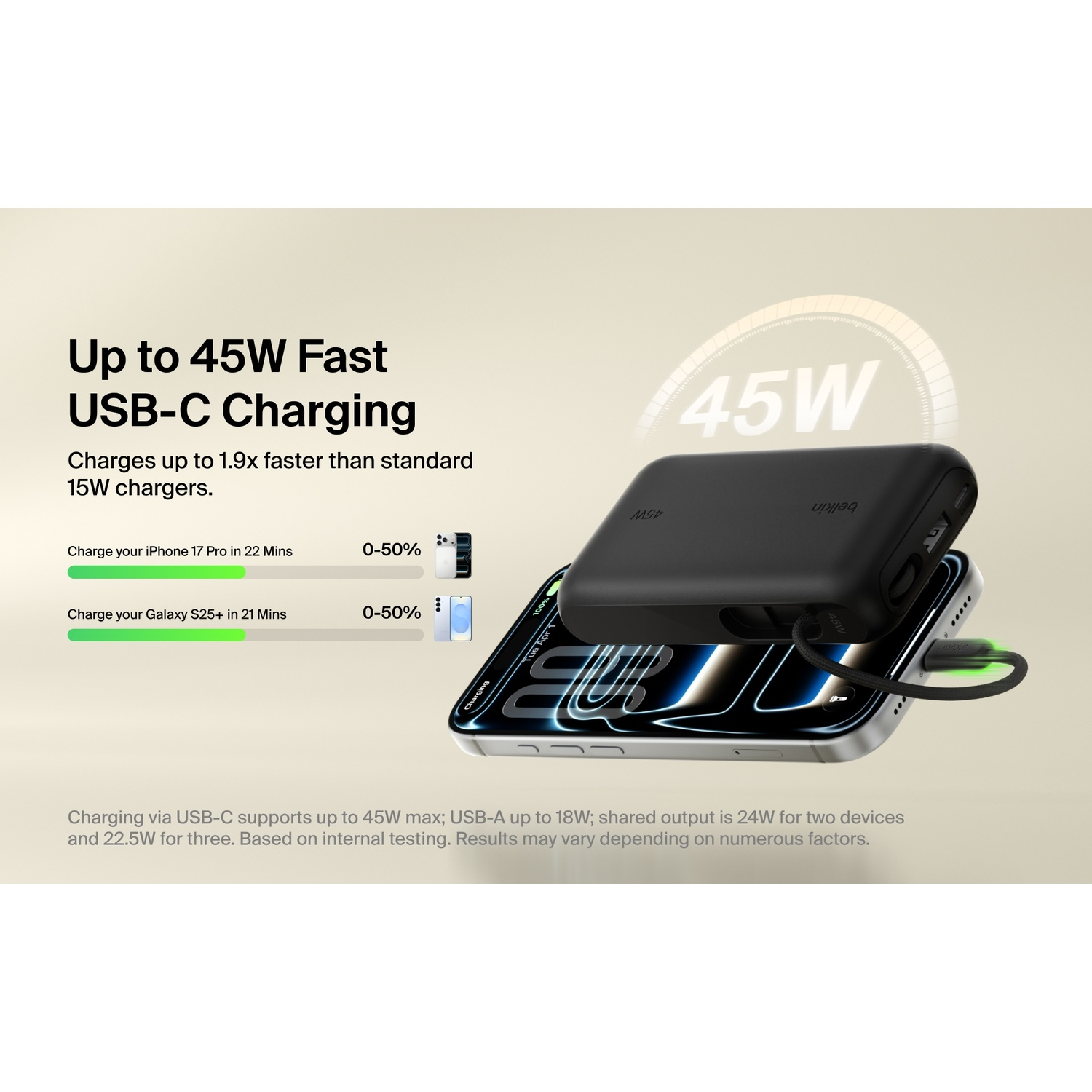 BELKIN BoostCharge 10.000 mAh – 45W PD – Met Display & Geïntegreerde Kabel (USB-A + USB-C) Powerbank Zwart