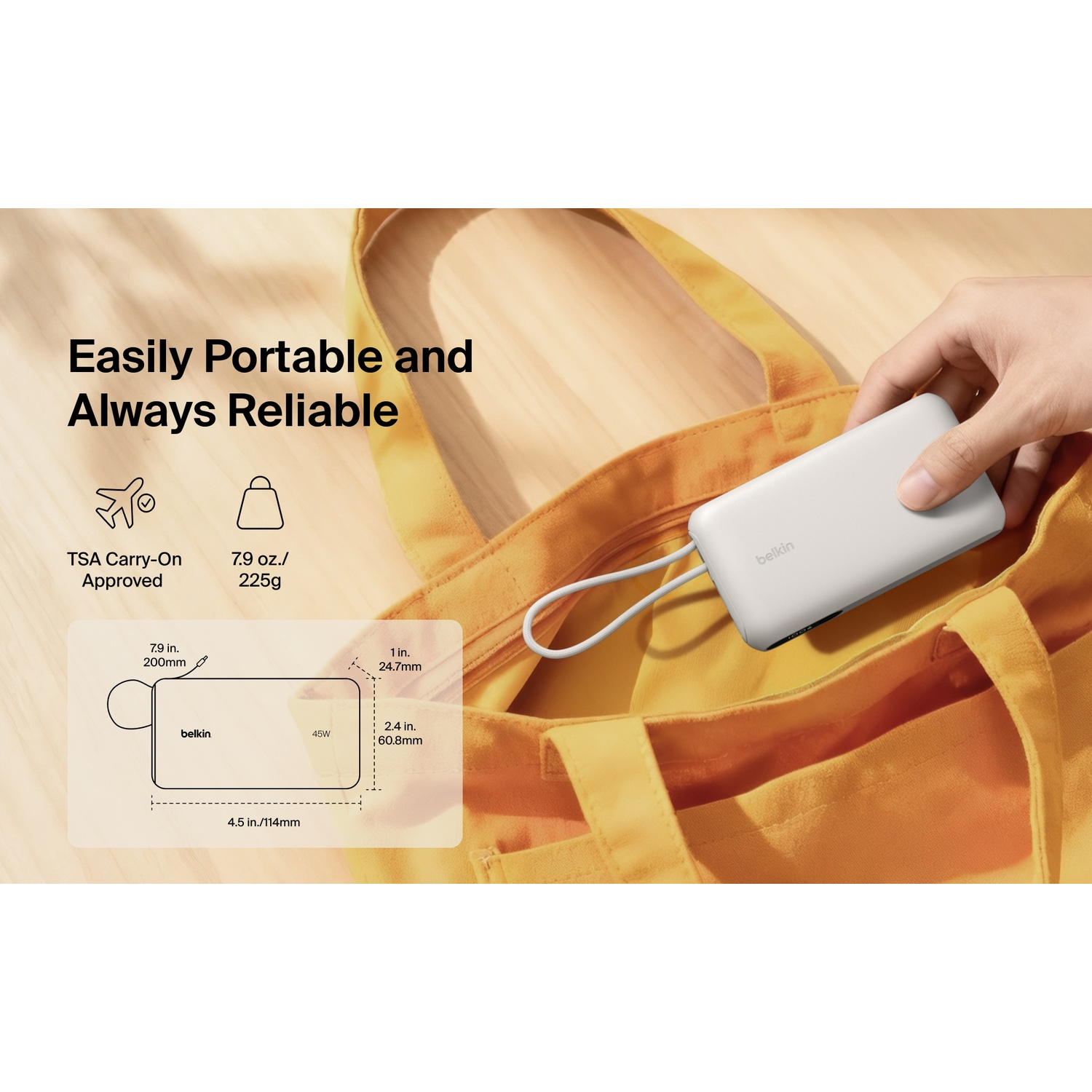 BELKIN BoostCharge 10.000 mAh – 45W PD – Met Display & Geïntegreerde Kabel (USB-A + USB-C) Powerbank Beige